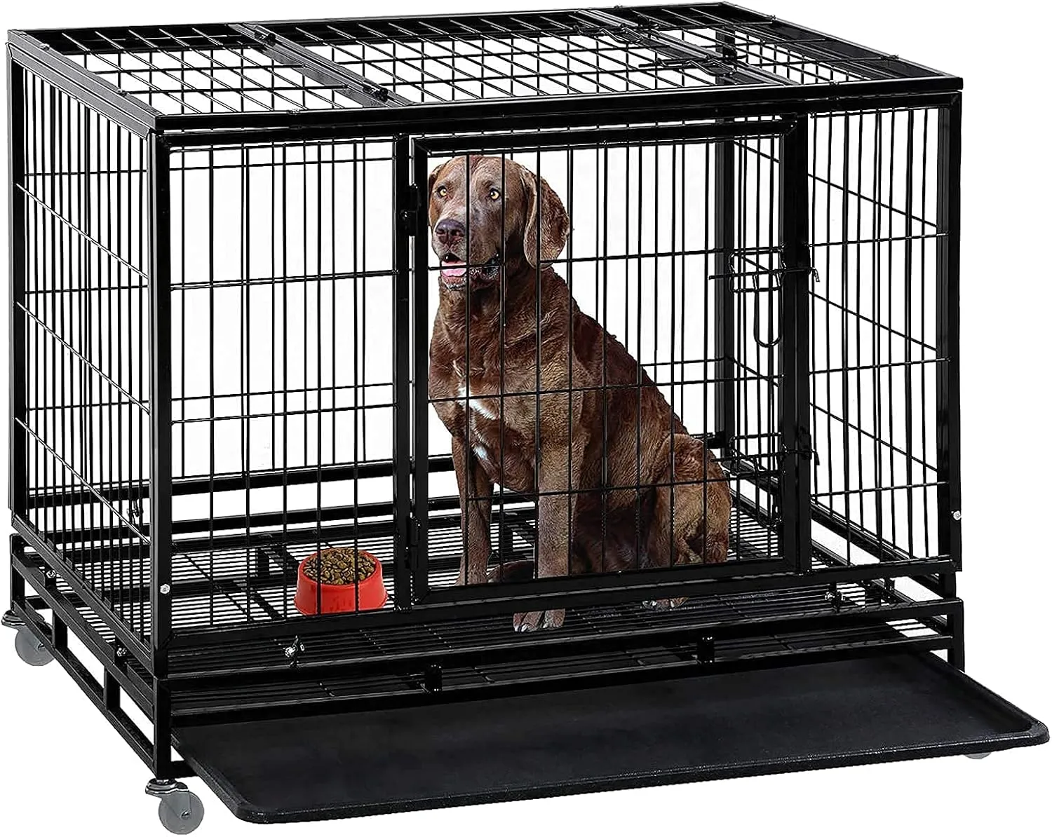 48-in Dog Crate for Large Dogs Heavy Duty Metal Dog Cage Kennel Pet Playpen for Training, Indoor Outdoor Dog Crate with Lockable Wheels, 2 Doors and Removable Tray
