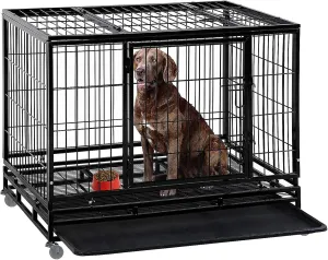 48-in Dog Crate for Large Dogs Heavy Duty Metal Dog Cage Kennel Pet Playpen for Training, Indoor Outdoor Dog Crate with Lockable Wheels, 2 Doors and Removable Tray