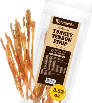 Afreschi Turkey Tendon Dog Treats, Strip 3.53 oz, USA Sourced Turkey, All Natural Human Grade Puppy Chew, Hypoallergenic, Rawhide Alternative, for Small Breeds