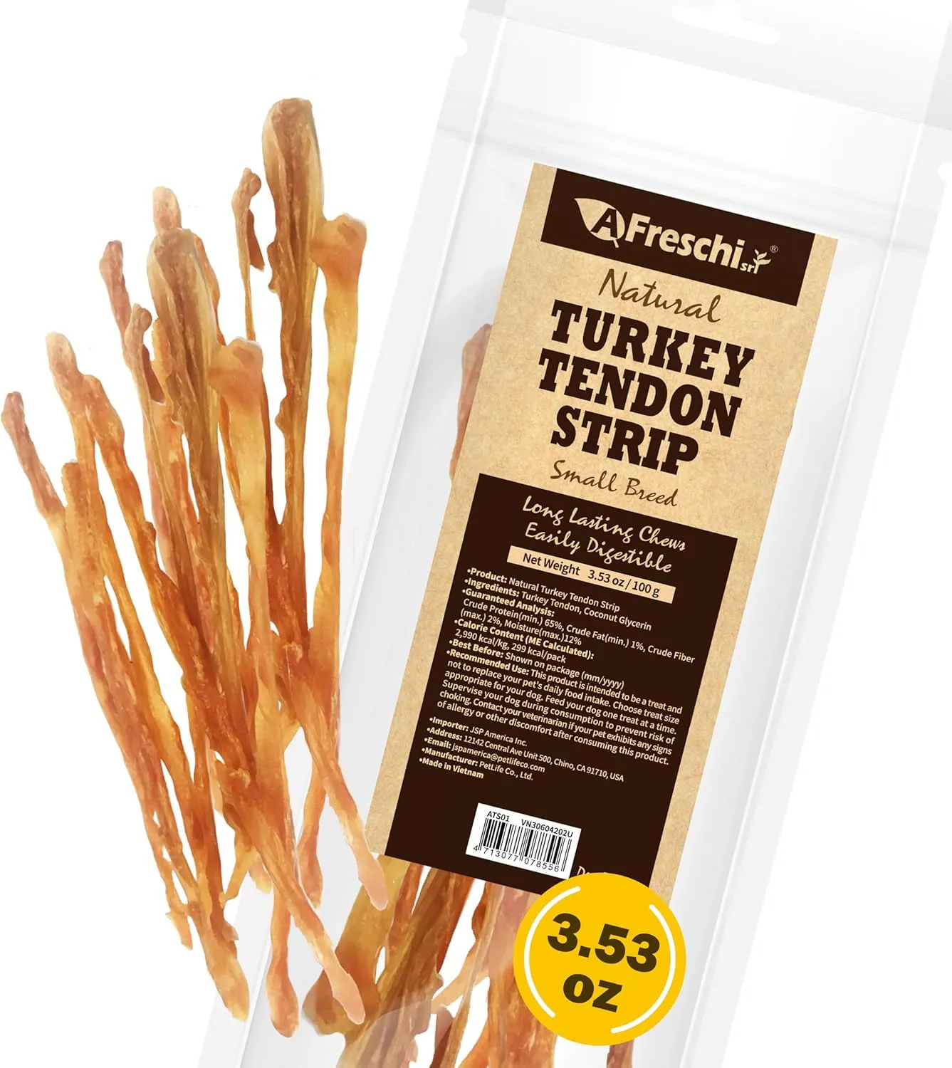 Afreschi Turkey Tendon Dog Treats, Strip 3.53 oz, USA Sourced Turkey, All Natural Human Grade Puppy Chew, Hypoallergenic, Rawhide Alternative, for Small Breeds