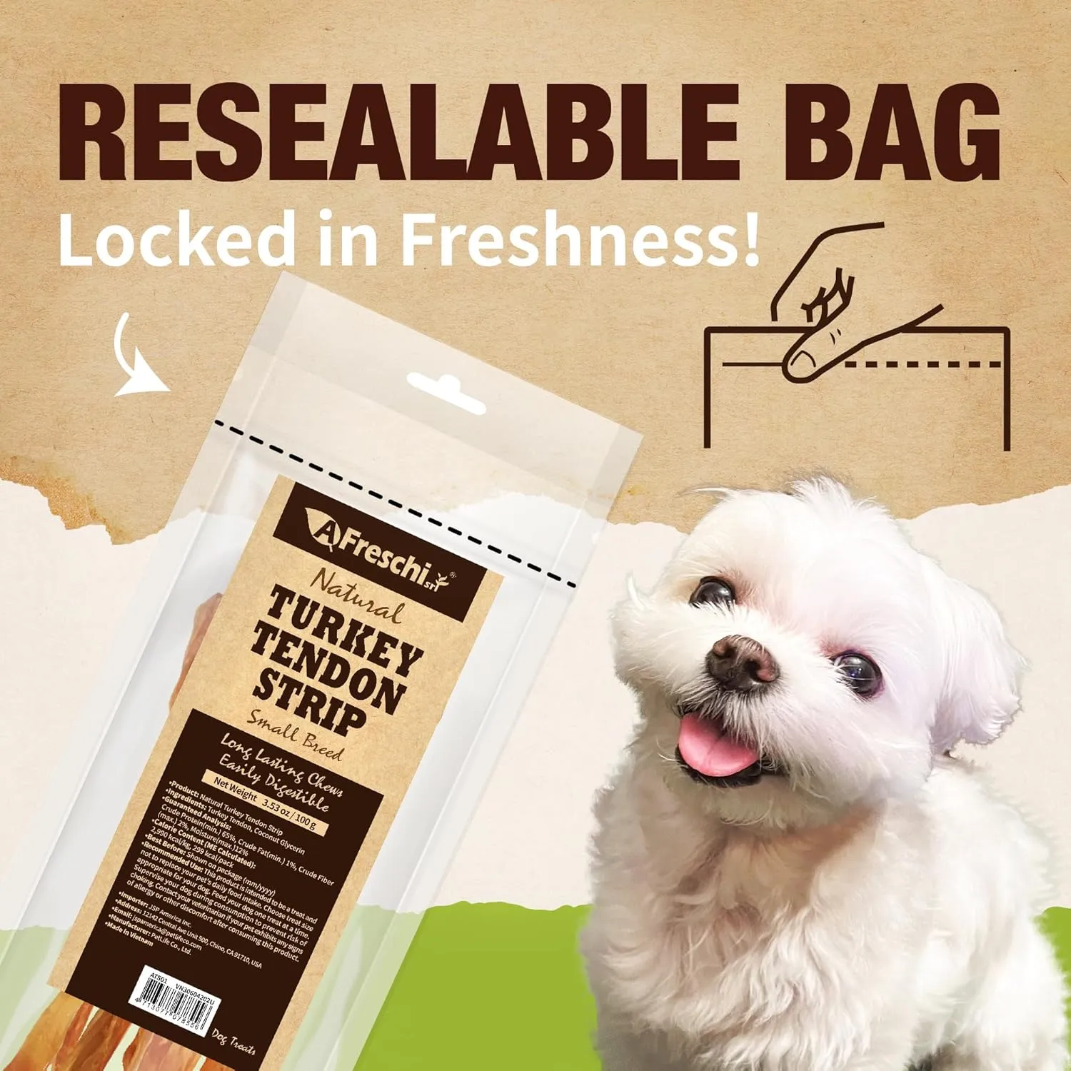Afreschi Turkey Tendon Dog Treats, Strip 3.53 oz, USA Sourced Turkey, All Natural Human Grade Puppy Chew, Hypoallergenic, Rawhide Alternative, for Small Breeds