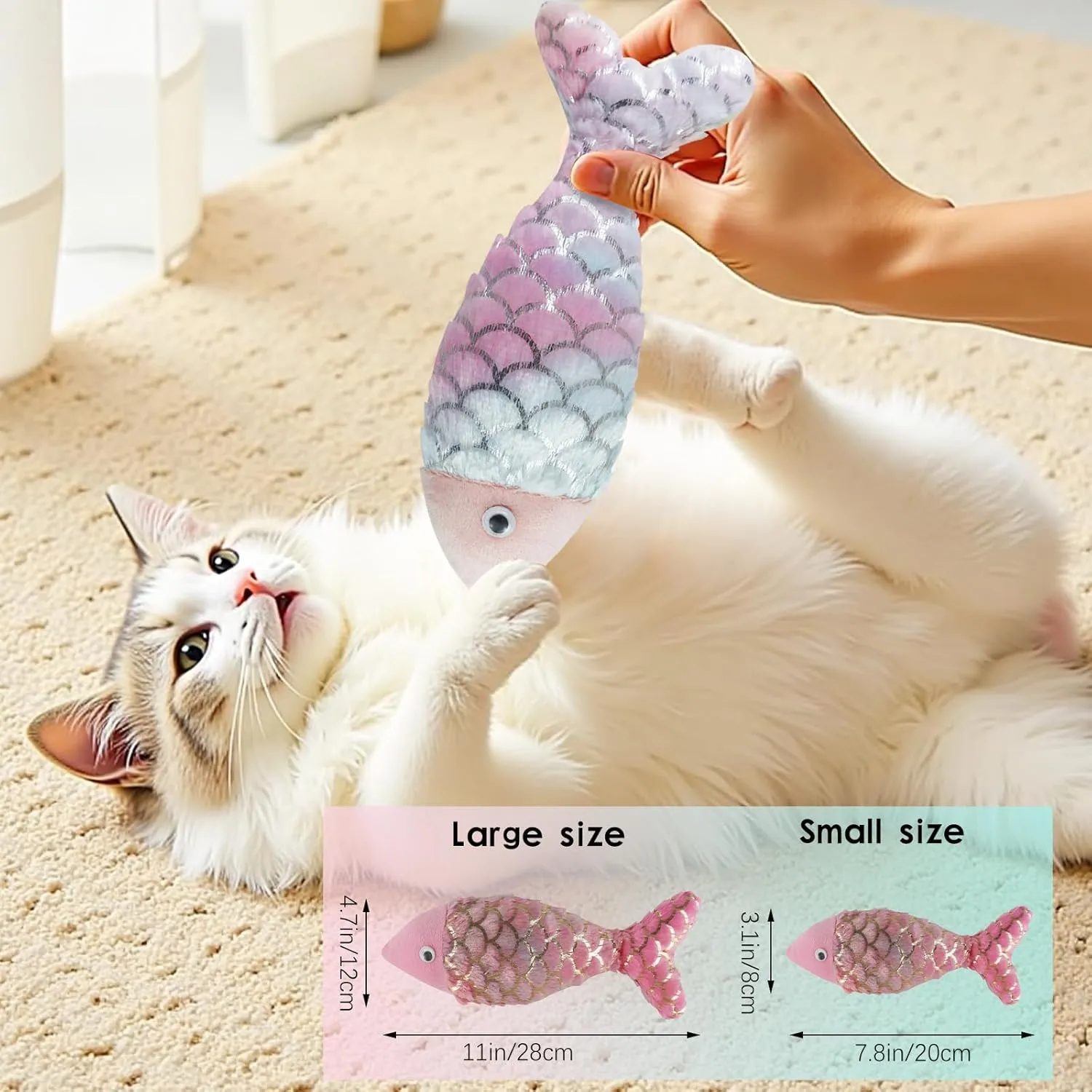 Andiker Cat Fish Toys, 10 Inches Plush Catnip Toys with Soft Rainbow Scales and Cotton Hugging, Biting and Chewing Interactive Cat Toys for Indoor Cats and Kitten (Multicolor, S)