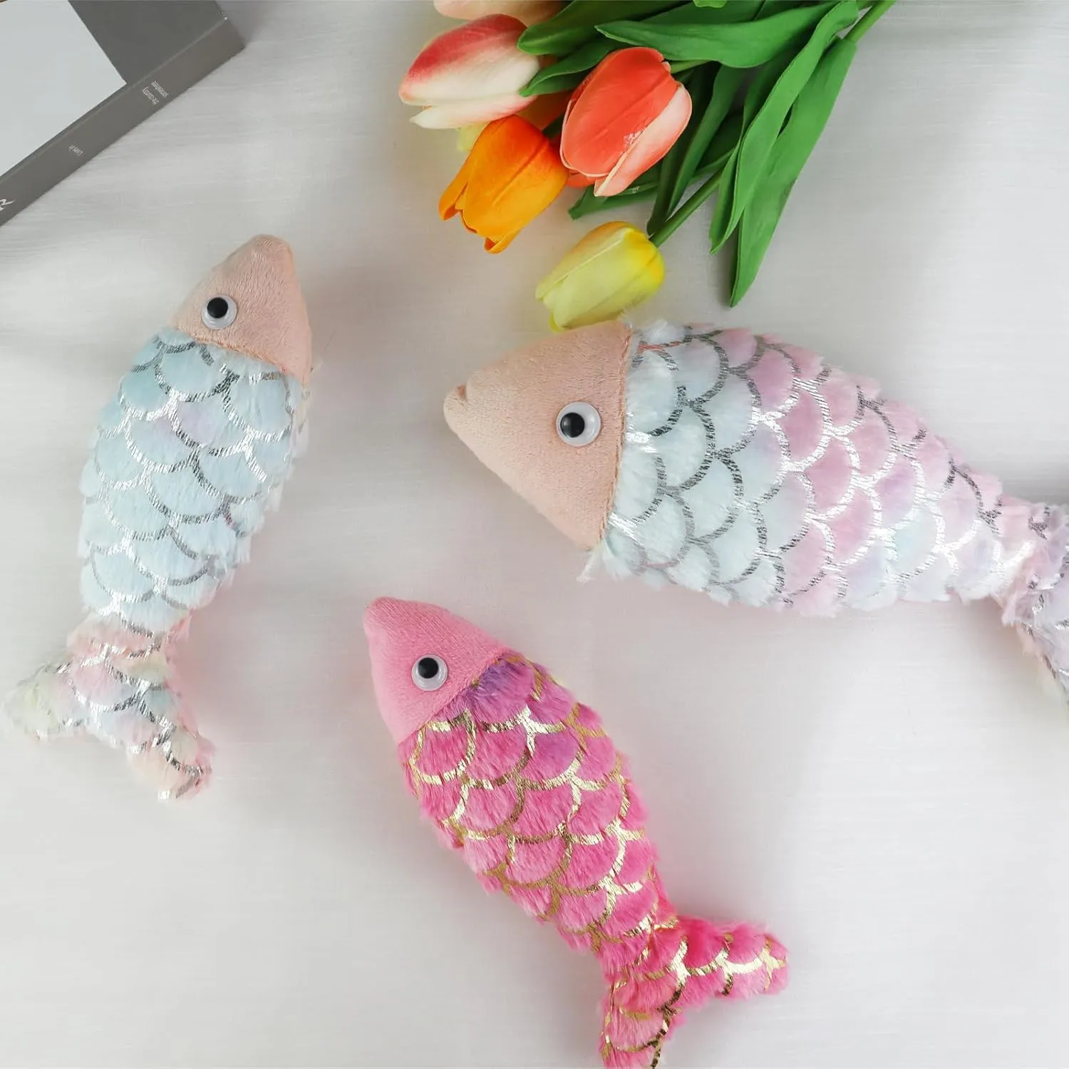 Andiker Cat Fish Toys, 10 Inches Plush Catnip Toys with Soft Rainbow Scales and Cotton Hugging, Biting and Chewing Interactive Cat Toys for Indoor Cats and Kitten (Multicolor, S)