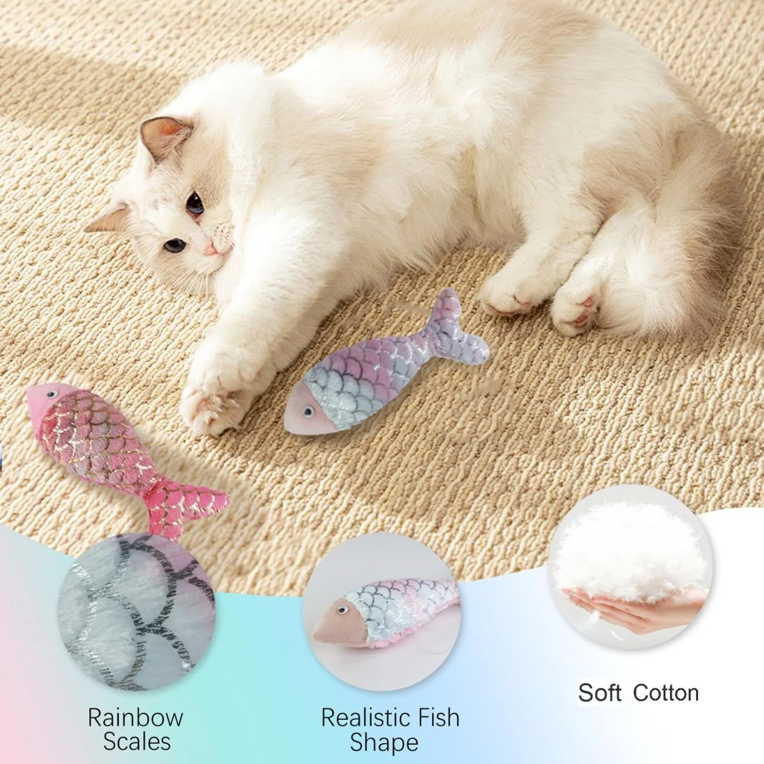 Andiker Cat Fish Toys, 10 Inches Plush Catnip Toys with Soft Rainbow Scales and Cotton Hugging, Biting and Chewing Interactive Cat Toys for Indoor Cats and Kitten (Multicolor, S)