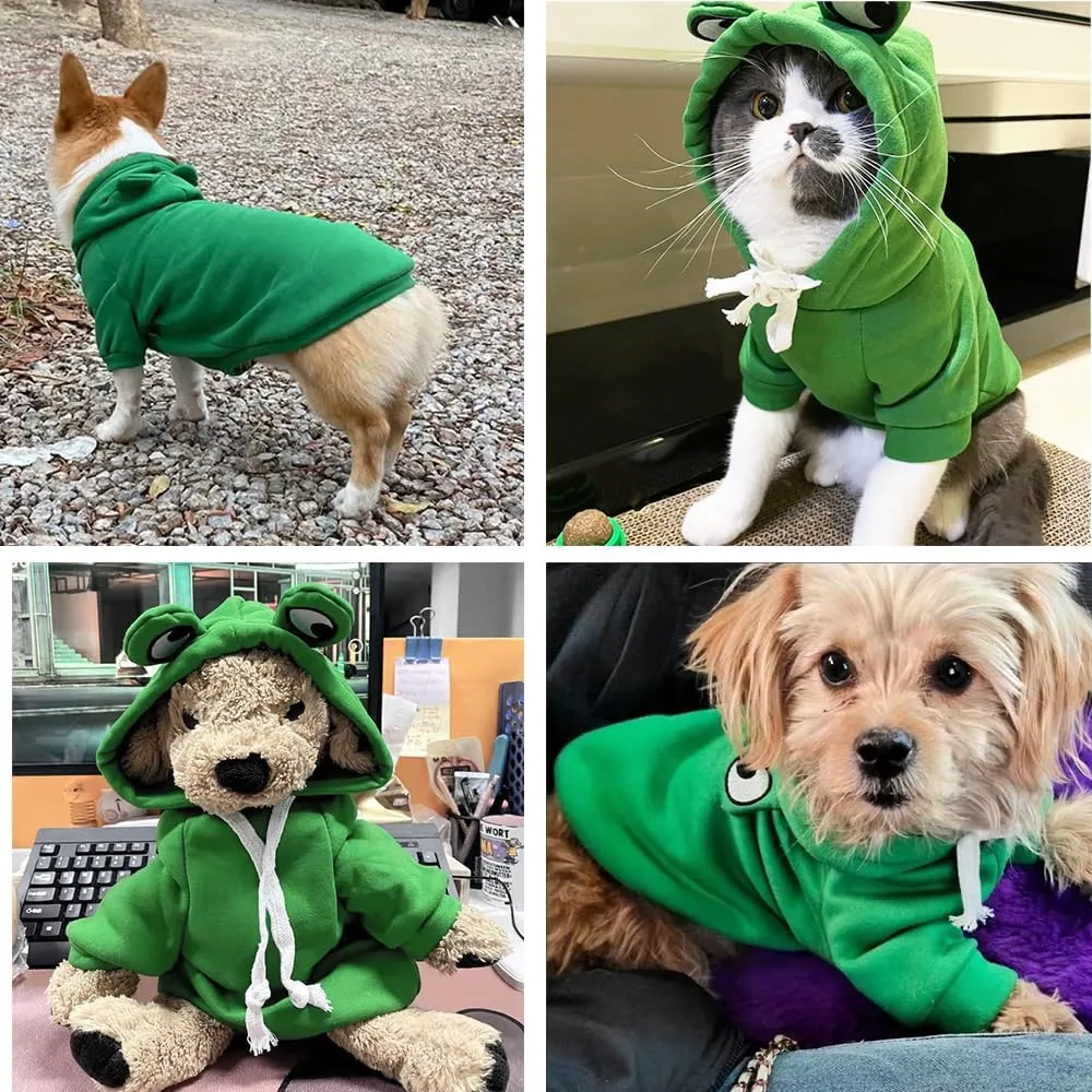 ANIAC Funny Pet Clothes for Small Dog Cat Girl Male Frog Hoodies Warm Sweatshirt Coat with Eye Hood Fall Puppy Cat Apparel Christmas Halloween Frog Costume (Green, XX-Large)