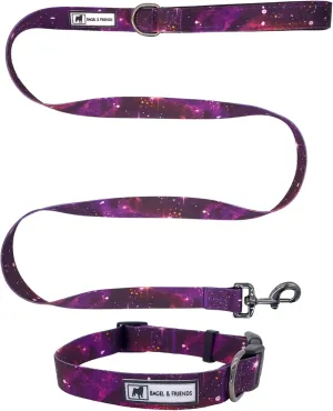Bagel & Friends Matching Dog Collar & Leash Set XSmall, Small, Medium, Large for boy, Male, Female, Girl Dogs and Puppy (Large, Purple Galaxy)
