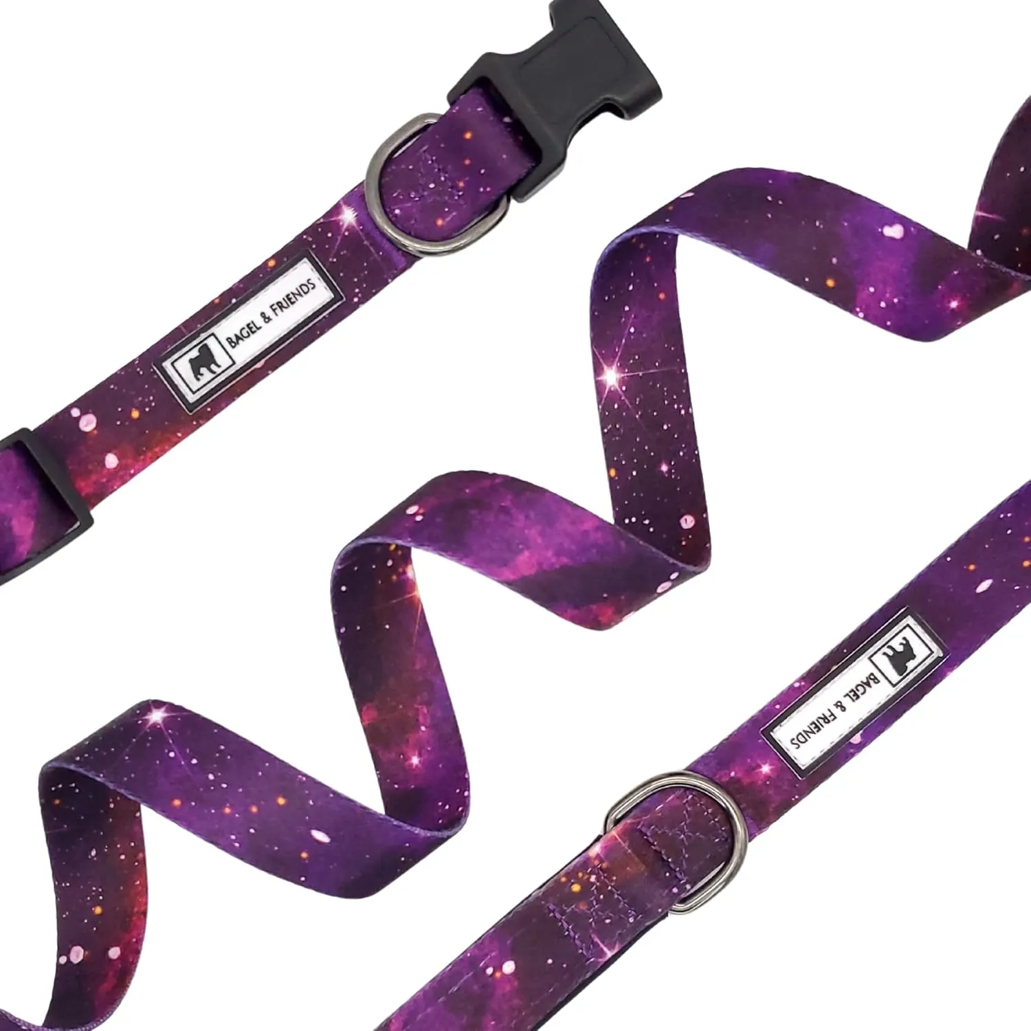 Bagel & Friends Matching Dog Collar & Leash Set XSmall, Small, Medium, Large for boy, Male, Female, Girl Dogs and Puppy (Large, Purple Galaxy)