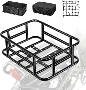 Bike Basket - Large Rear Removable Metal Basket, Waterproof Cover, Cargo Net, Heavy Duty for Most Bikes and E-Bikes