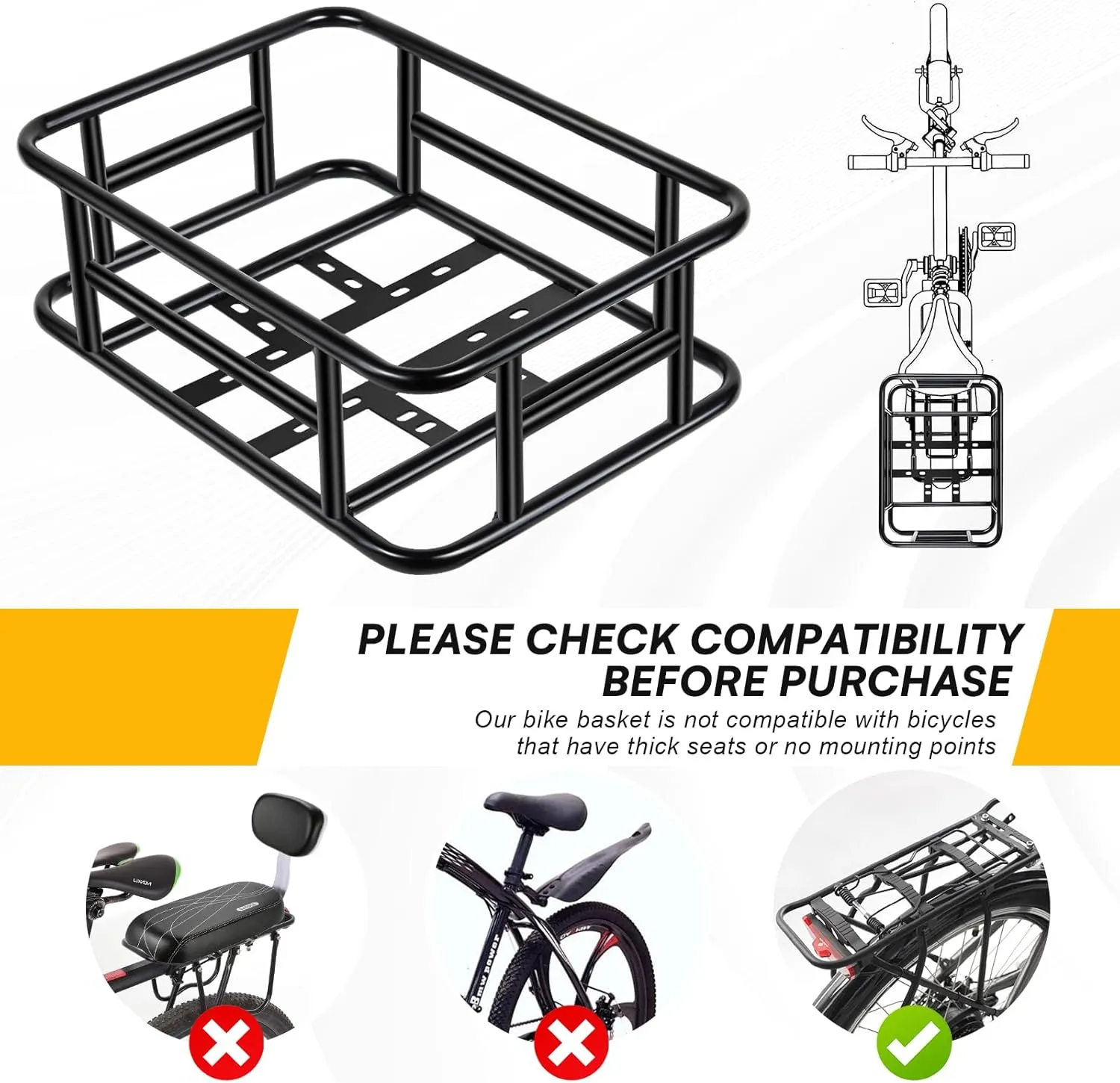 Bike Basket - Large Rear Removable Metal Basket, Waterproof Cover, Cargo Net, Heavy Duty for Most Bikes and E-Bikes