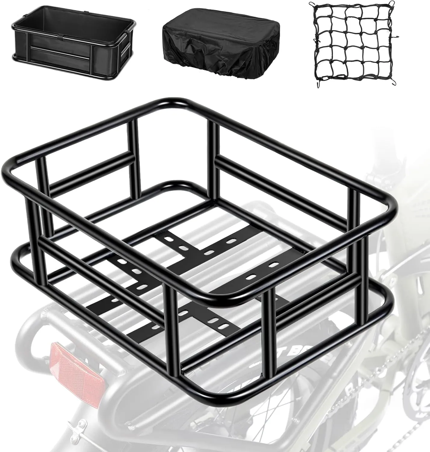 Bike Basket - Large Rear Removable Metal Basket, Waterproof Cover, Cargo Net, Heavy Duty for Most Bikes and E-Bikes