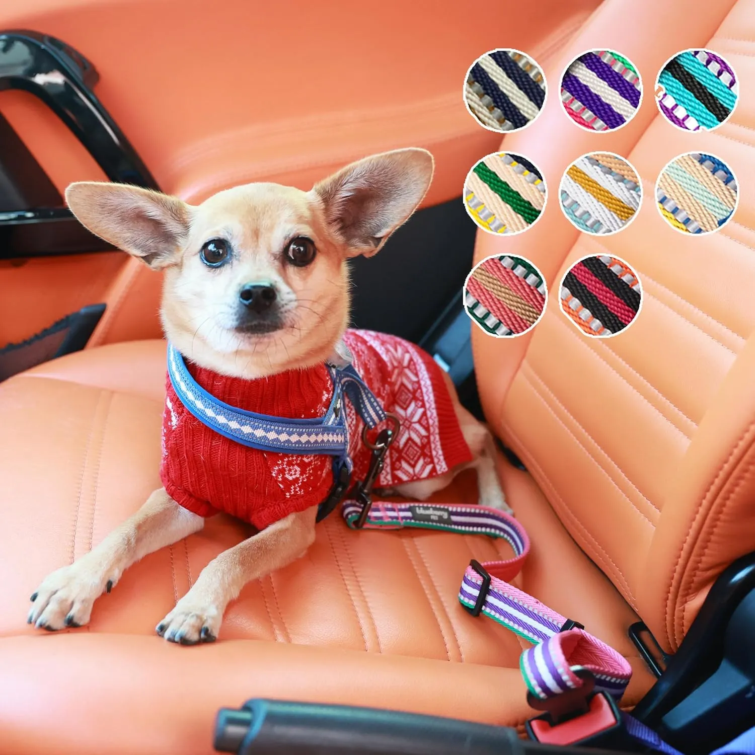 Blueberry Pet 6 Colors 3M Reflective Multi-Colored Stripe Adjustable Dog Seat Belt Tether for Dogs Cats, Yellow and Green, Durable Safety Car Vehicle Seatbelts Leads Use with Harness