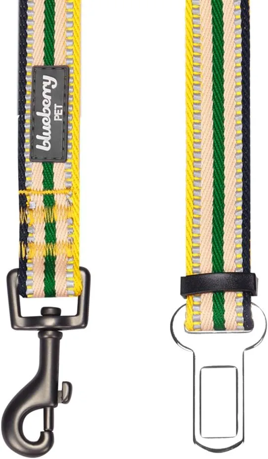 Blueberry Pet 6 Colors 3M Reflective Multi-Colored Stripe Adjustable Dog Seat Belt Tether for Dogs Cats, Yellow and Green, Durable Safety Car Vehicle Seatbelts Leads Use with Harness