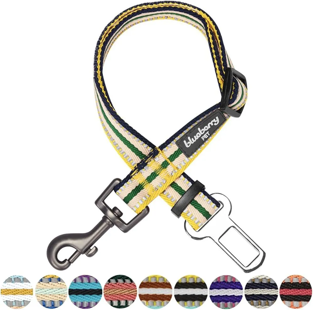 Blueberry Pet 6 Colors 3M Reflective Multi-Colored Stripe Adjustable Dog Seat Belt Tether for Dogs Cats, Yellow and Green, Durable Safety Car Vehicle Seatbelts Leads Use with Harness