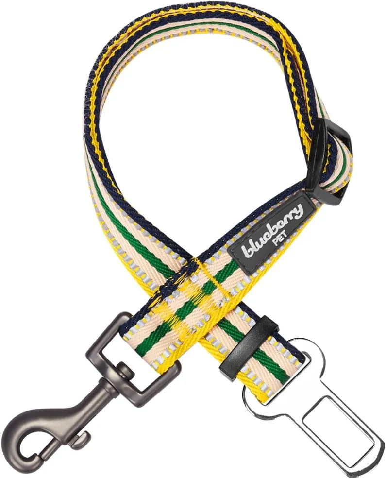 Blueberry Pet 6 Colors 3M Reflective Multi-Colored Stripe Adjustable Dog Seat Belt Tether for Dogs Cats, Yellow and Green, Durable Safety Car Vehicle Seatbelts Leads Use with Harness