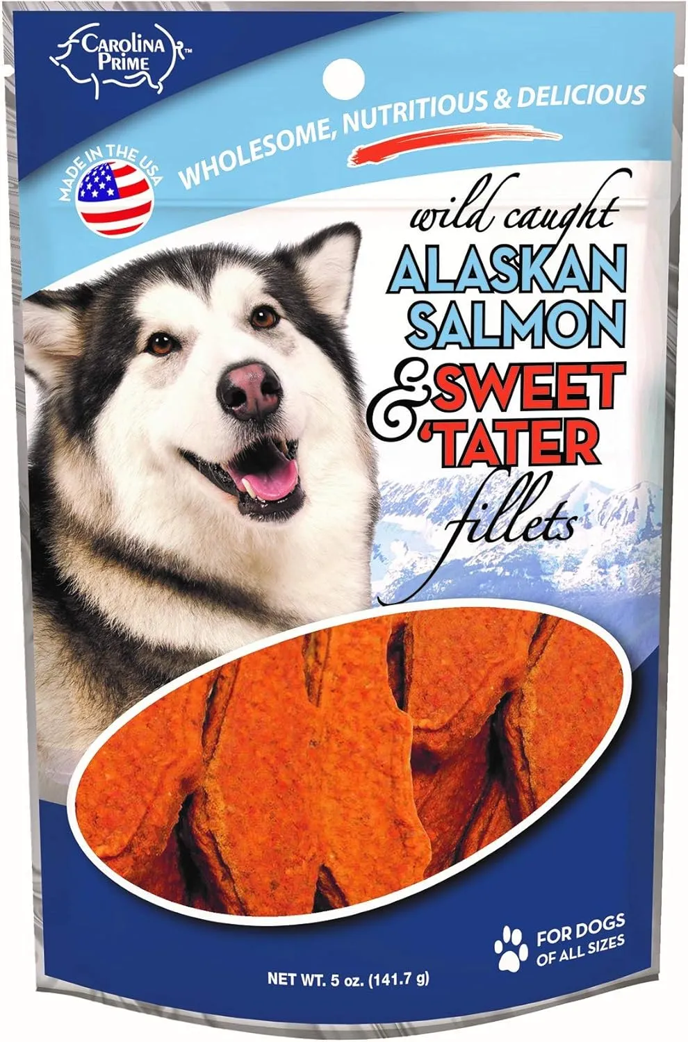 Carolina Prime Pet 45111 Salmon And Sweet Tater Fillets Treat For Dogs, 5 oz pouch