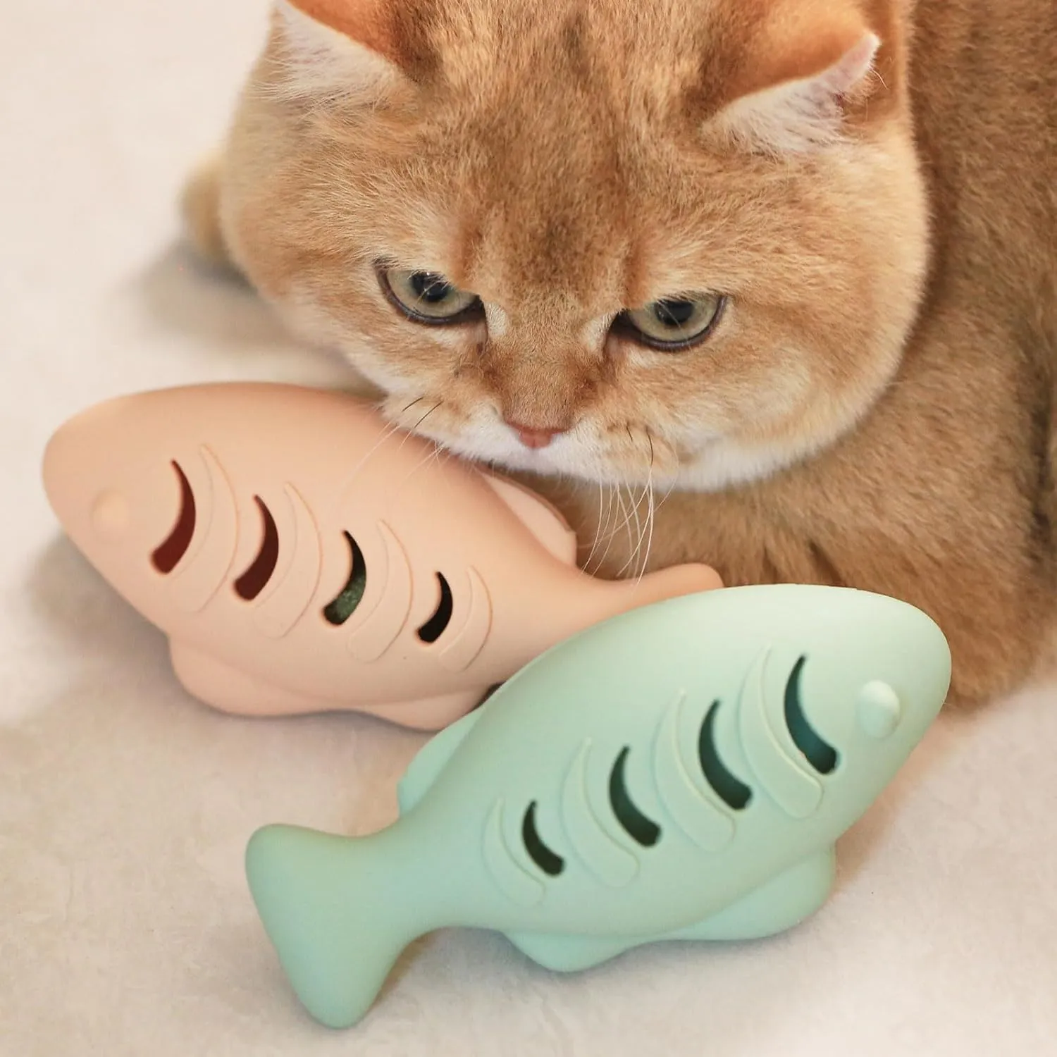 Cat Toys for Indoor Cats, Fish Shape Chew Catnip Toys for Teeth Clean, Food Grade Silicone Cat Enrichment Toy, Interactive Kitten Teething Toys with 1 Cat Nip Ball, Orange, 2 Pcs