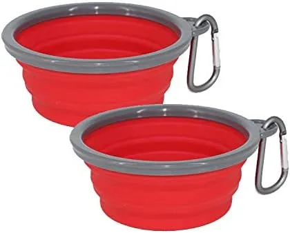 Collapsible Portable Silicone Big Dog Bowls,2 Pack,34 oz/Each Bowl,Silicone Basic Bowl with Plastic Rim and D-Ring,Foldable Travel pet Feeder,Portable Basic Bowl for Dog (red)