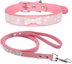 Cute Dazzling Sparkling Elegant Fancy Soft Suede Leather Bling Rhinestone Crystal Jeweled Pet Cat Dog Puppy Collar Dog Leash Combo Set (S(Neck 10-12.5"), Pink-3)