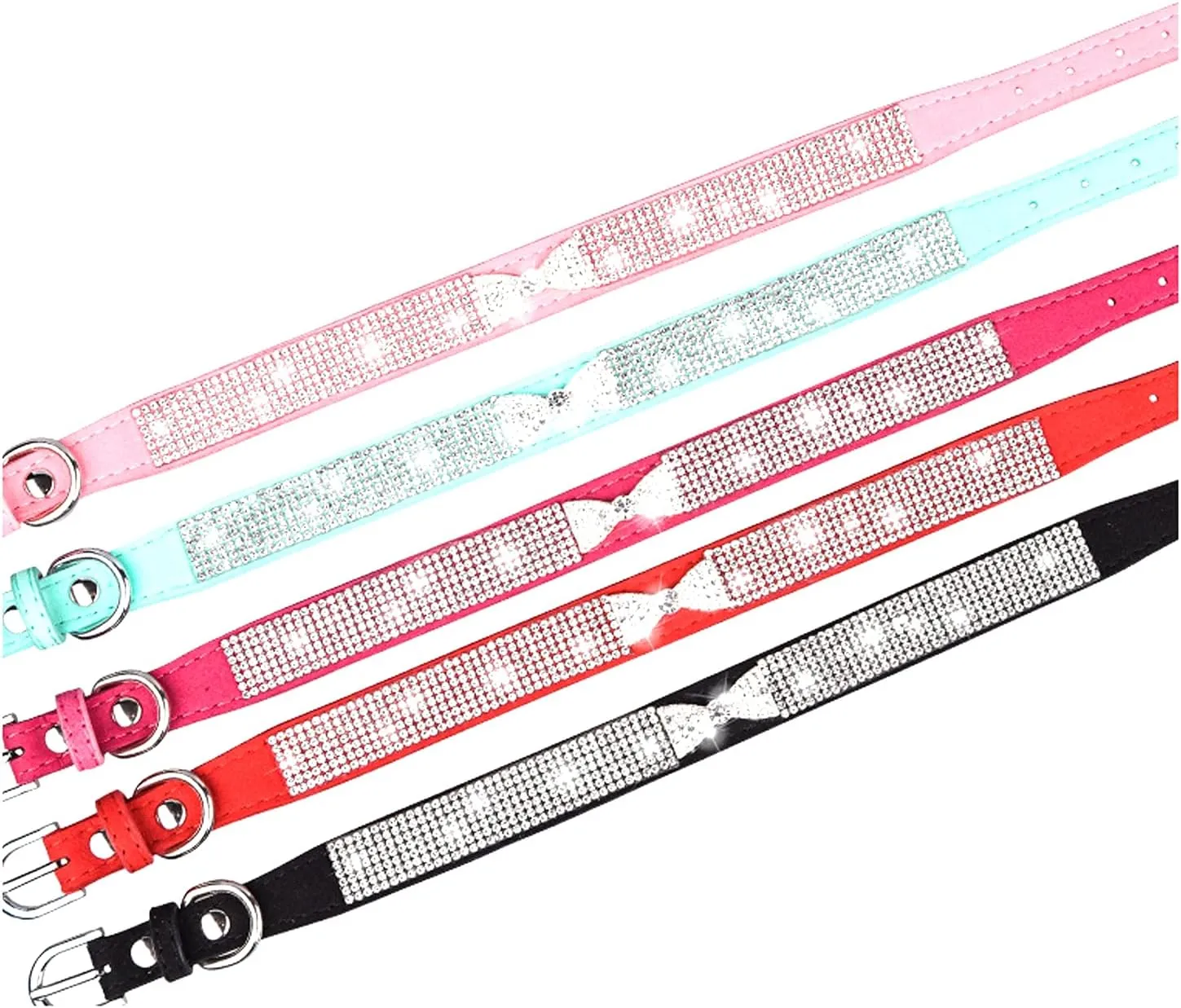Cute Dazzling Sparkling Elegant Fancy Soft Suede Leather Bling Rhinestone Crystal Jeweled Pet Cat Dog Puppy Collar Dog Leash Combo Set (S(Neck 10-12.5"), Pink-3)
