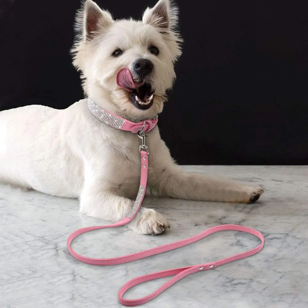 Cute Dazzling Sparkling Elegant Fancy Soft Suede Leather Bling Rhinestone Crystal Jeweled Pet Cat Dog Puppy Collar Dog Leash Combo Set (S(Neck 10-12.5"), Pink-3)