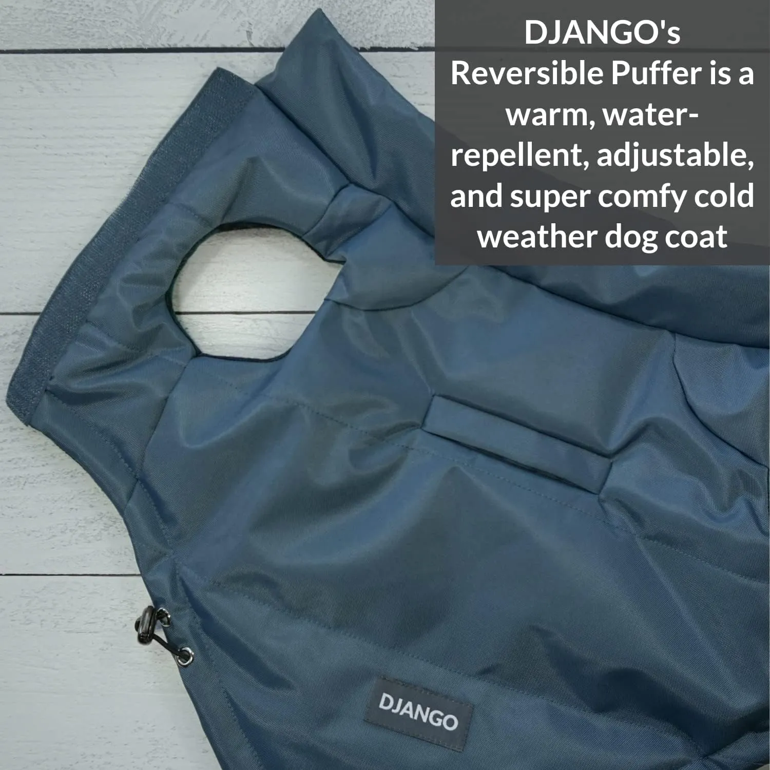 DJANGO Puffer Dog Jacket and Reversible Winter Dog CoatWater-Repellent and Adjustable Dog Jacket with Windproof Protection and Easy-Access Harness-Leash Portal (Medium, Twilight Blue)