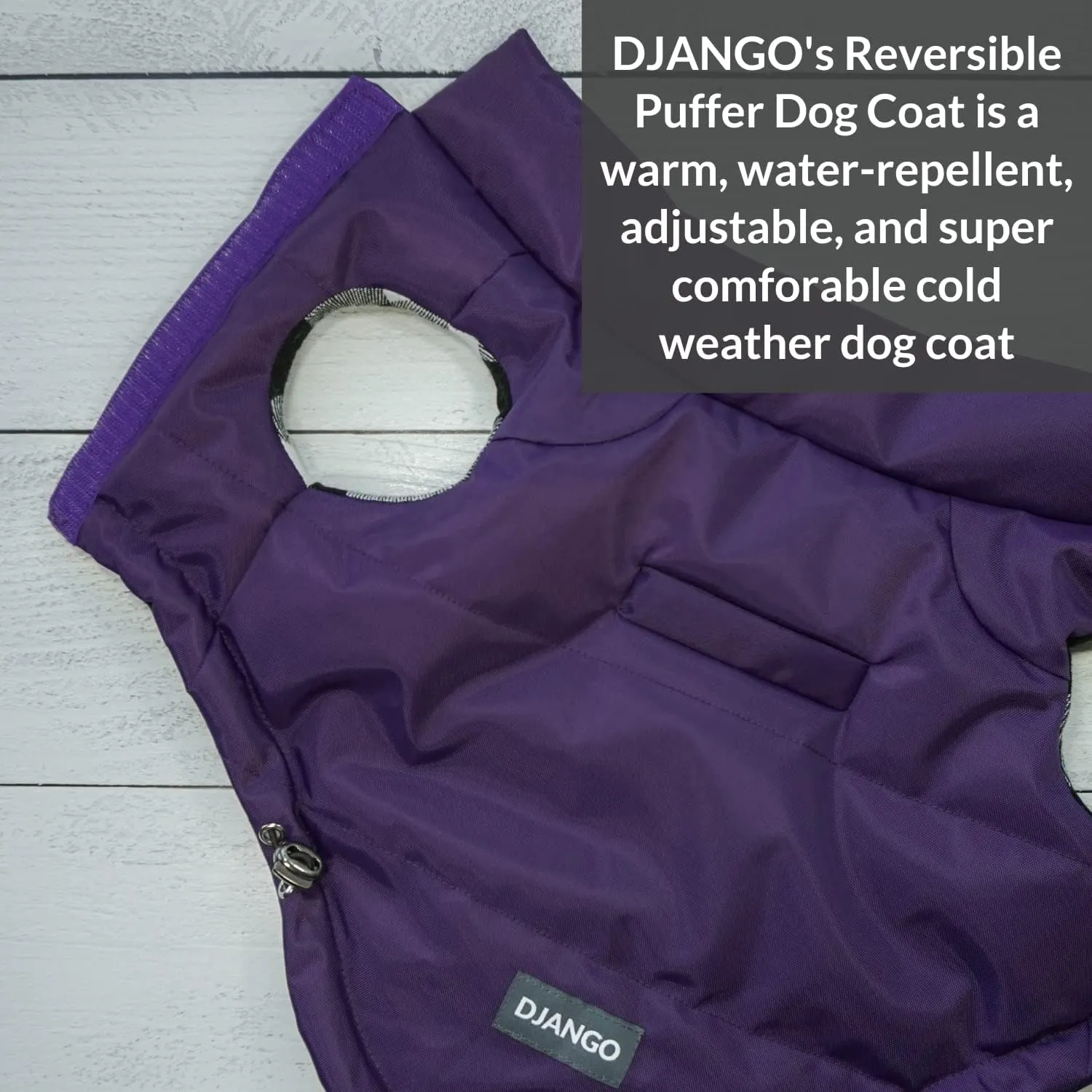 DJANGO Puffer Dog Jacket and Reversible Winter Dog CoatWater-Repellent and Adjustable Dog Jacket with Windproof Protection and Easy-Access Harness-Leash Portal (Medium, Violet Purple)