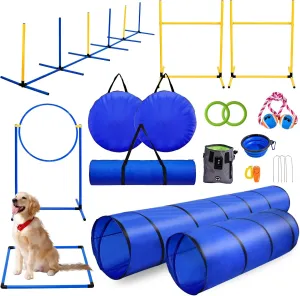 Dog Agility Course Backyard Set, Dog Agility Equipments, Includes Adjustable High Hurdle,6 Weave Poles,Extended Tunnel,Jump Ring,Pause Box,2 Balls,Whistle,2 Carrying Bags,Portable Water Bowl & More