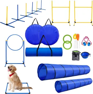 Dog Agility Equipment,Dog Agility Course Backyard Set Includes Adjustable Jump Hurdle & 1 Hurdles,6 Weave Poles,Extended Tunnel,2 Jump Ring,Square Pause Box,2 in-1 Tennis Ball,Whistle,1 Carrying Bags