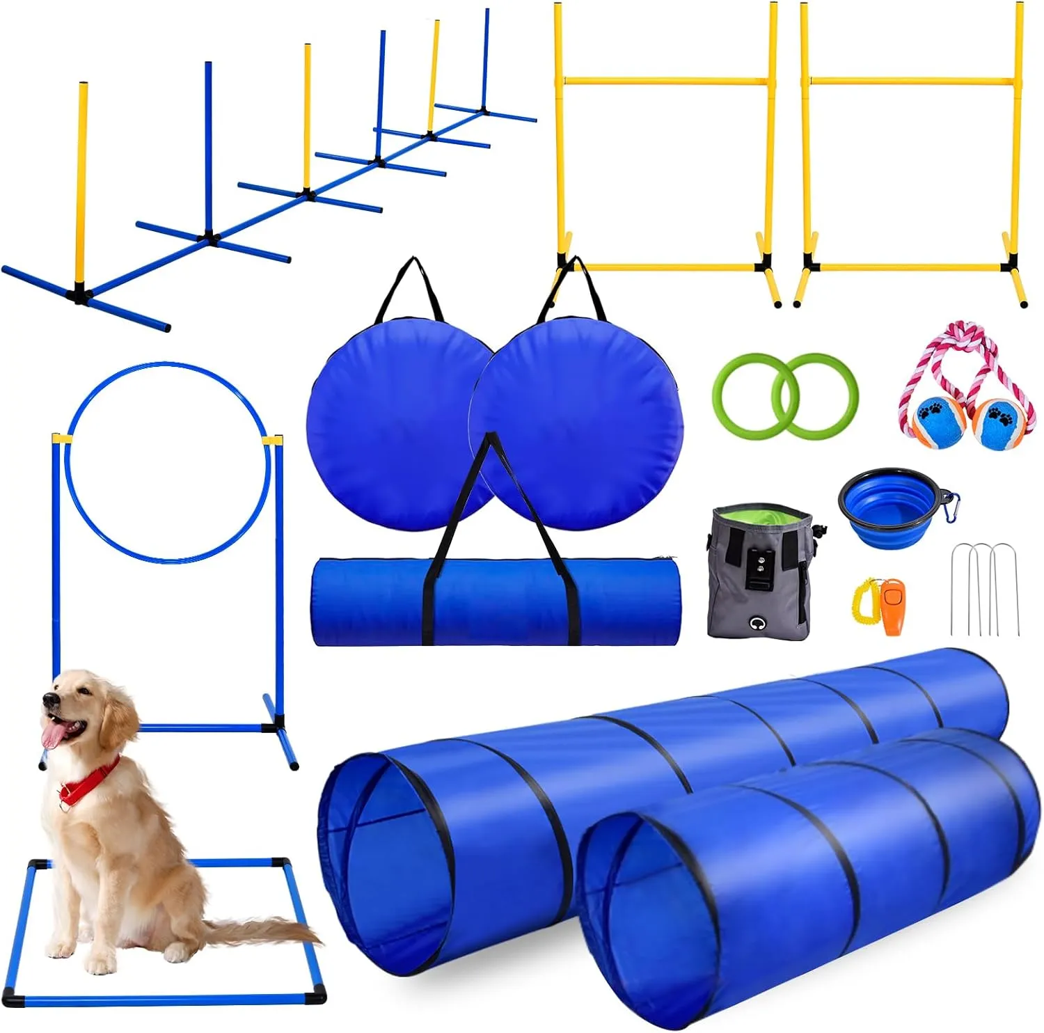 Dog Agility Equipments, Dog Agility Course Backyard Set, Agility Training Equipment for Dogs, Portable Backyard Agility Course with Adjustable Jumps, Portable Tunnel, Storage Bags & Toys