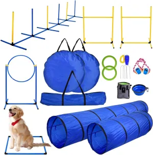 Dog Agility Training Equipment Dog Agility Course Backyard Set 2 Adjustable High Hurdle, 6 Weave Poles, 2 Tunnels, Jump Ring, Pause Box, Folding Bowl, Snack Bag, Balls, Whistle, Carry Bag