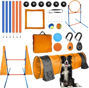Dog Agility Training Equipment Set Outdoor Indoor Game, Tire Jump   Hurdle Jump, Tunnel, Weave Poles, Pause, 2 Toy Balls, 2 Discs, 1 Whistle, 1 Bag, 2 Training Clicker Backyard Dog Obstacle Course Kit