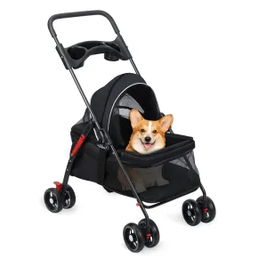 Dog Cat Stroller, 4 Wheels Outdoor Travel Pet Folding Stroller, Dog Cat Cage Strollers with Cup Holder, Breathable and Visible Mesh for Medium Small Dogs or Cats 1 Set