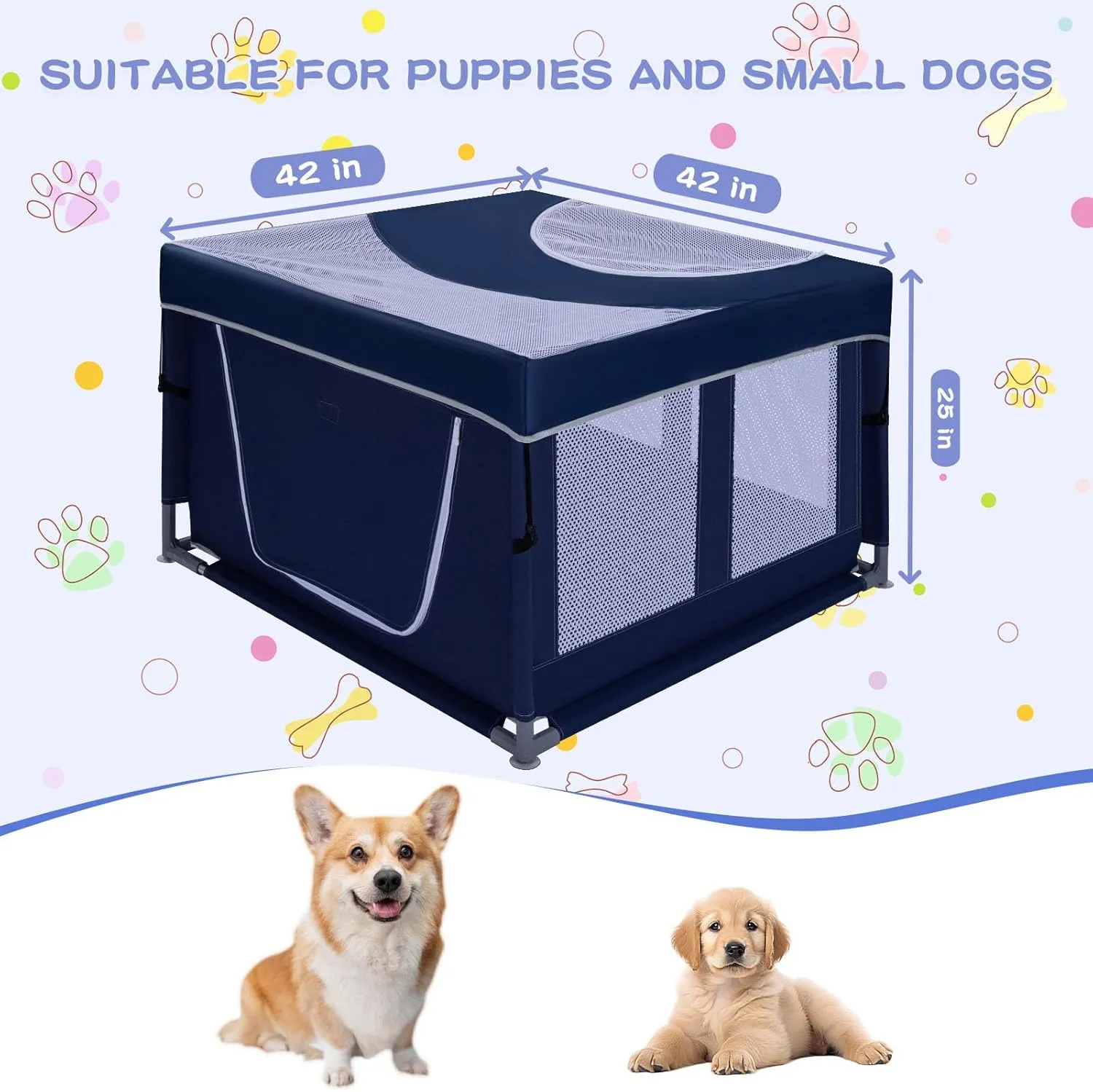 Dog Playpen with Removable Roof 42  42 inch, Puppy Playpen, Pet Play Pen for Dogs, 25 Height for Small Dogs, Dog Fence Indoor & Outdoor, Dog Play Yard with Zipper Door