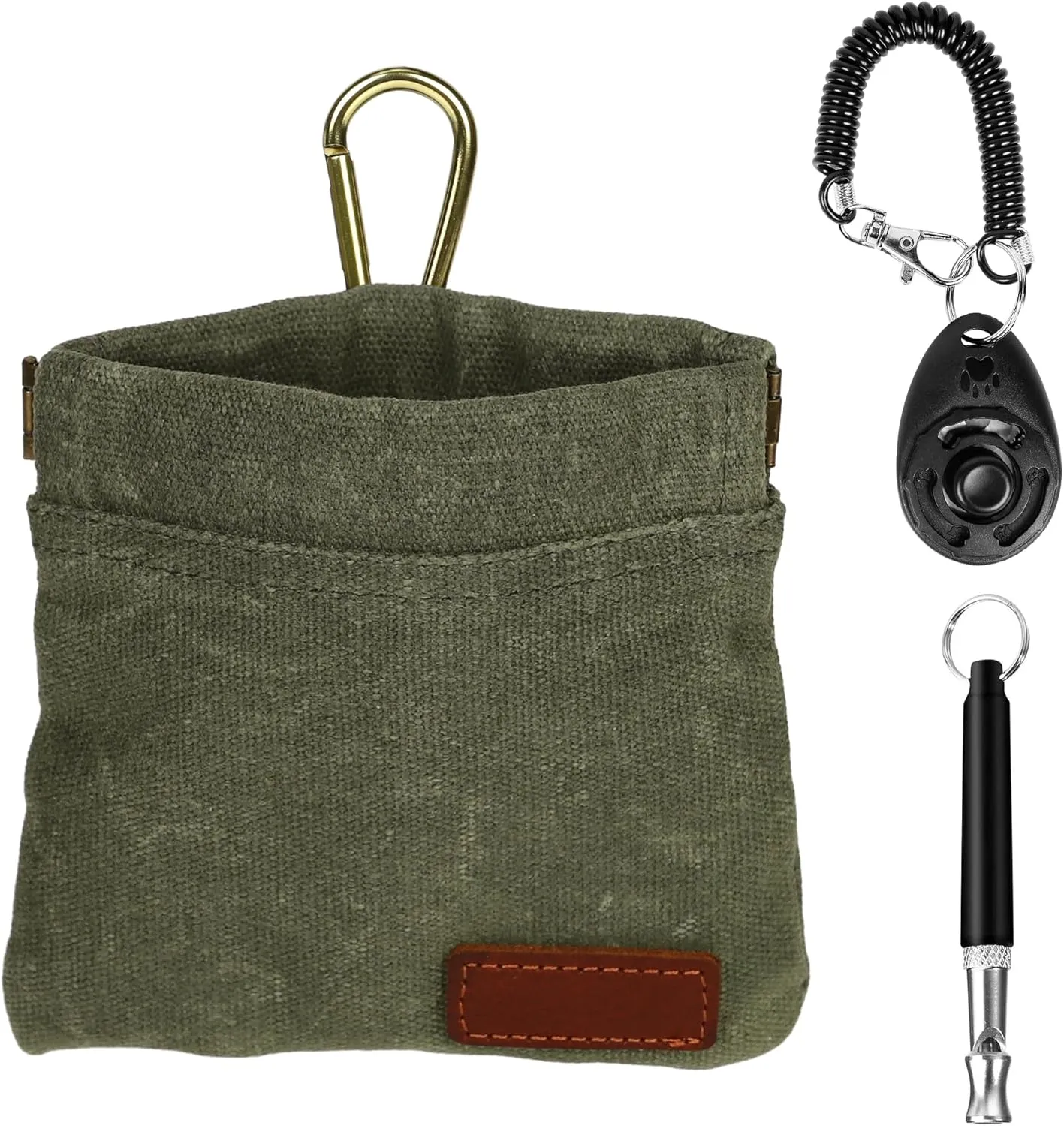 Dog Treat Pouch Training Kit for Keychain, Small Puppy Treat Bag with Clip for Leash on The go, Hands Free Auto Closure Pouches with Dog Clicker and Silent Whistle for Pet Training