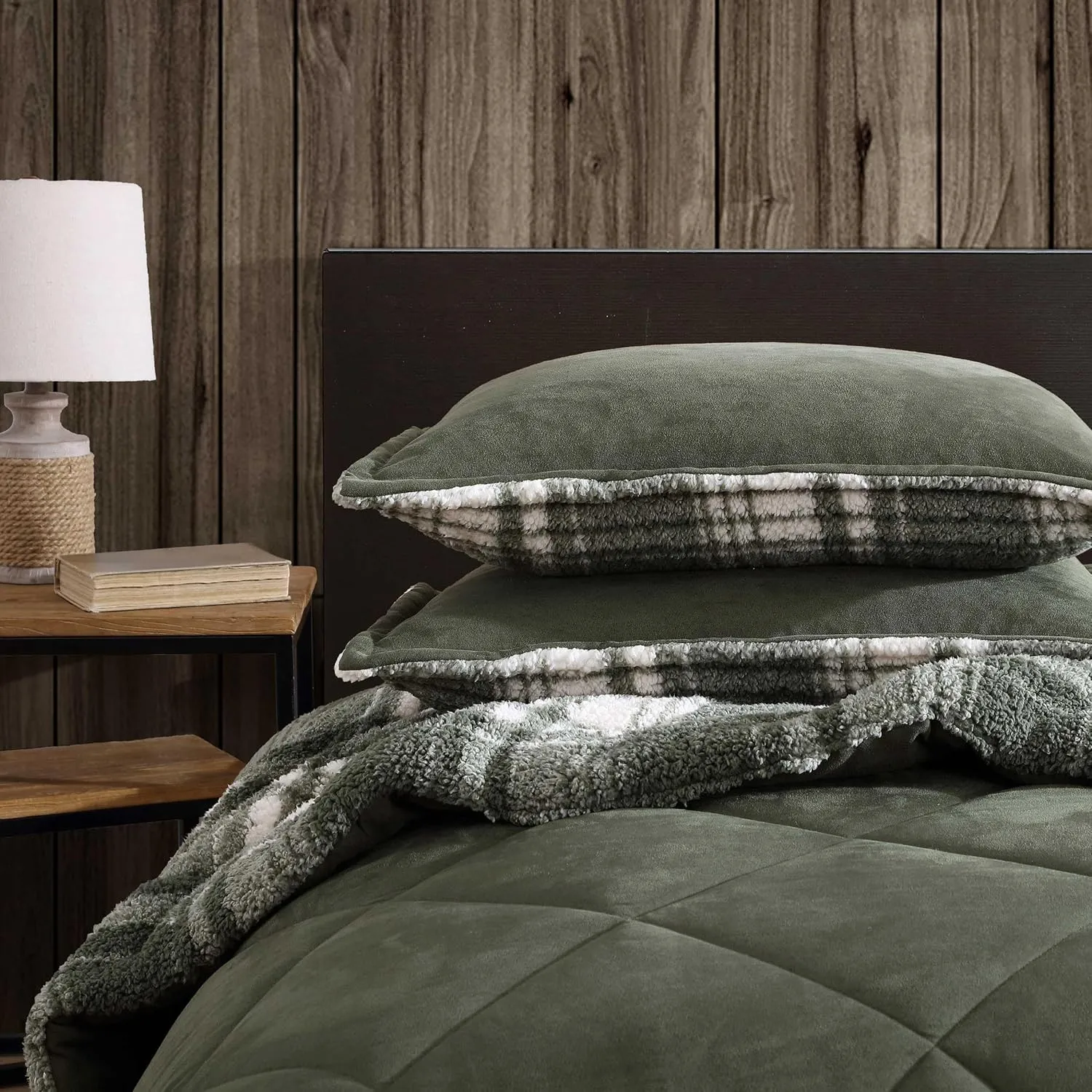 Eddie Bauer - Full/Queen Comforter Set, Reversible Microsuede Bedding with Matching Shams, Super Soft Plaid Home Decor, Oeko-Tex Certified (Big Lake Plaid Green, Full/Queen)