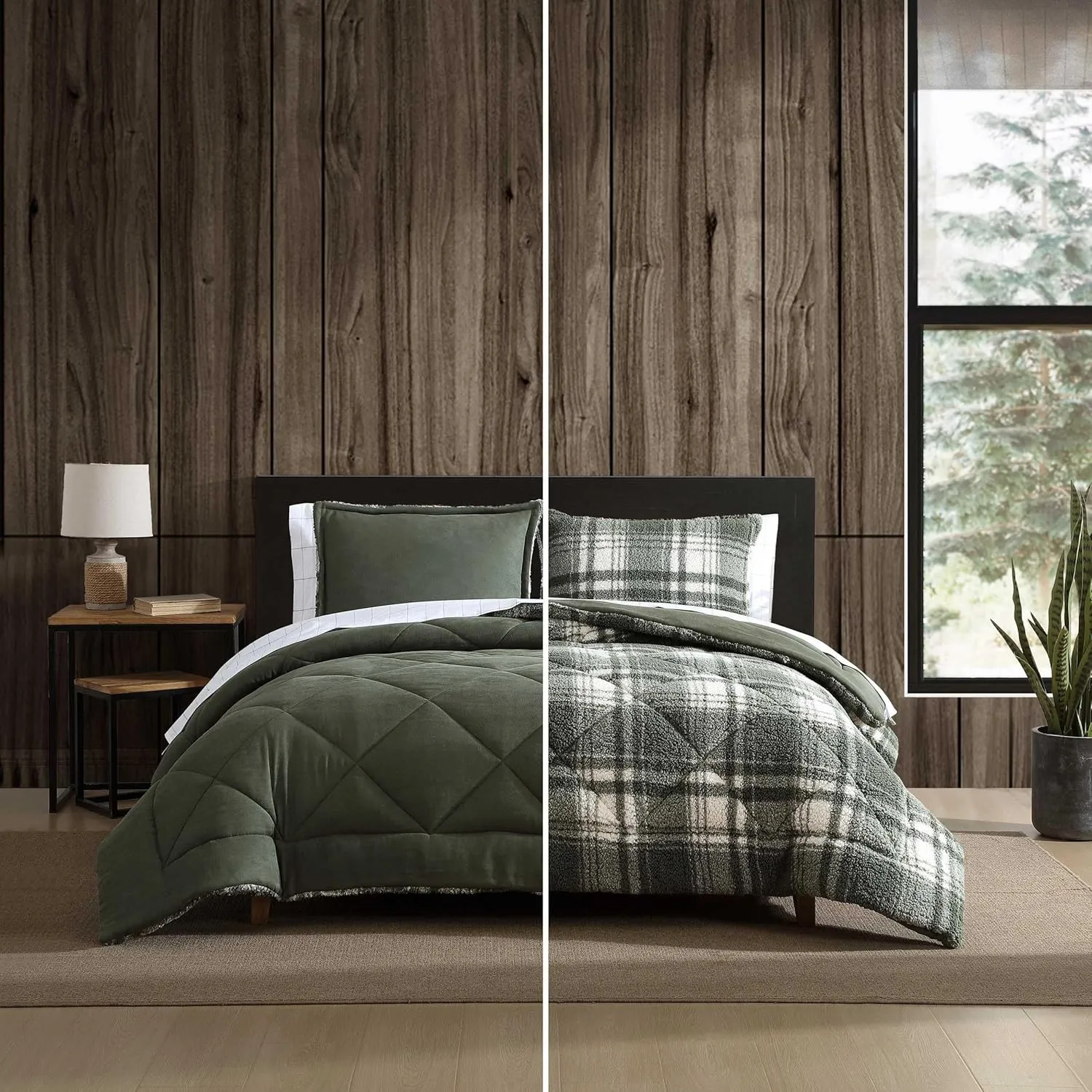 Eddie Bauer - Full/Queen Comforter Set, Reversible Microsuede Bedding with Matching Shams, Super Soft Plaid Home Decor, Oeko-Tex Certified (Big Lake Plaid Green, Full/Queen)