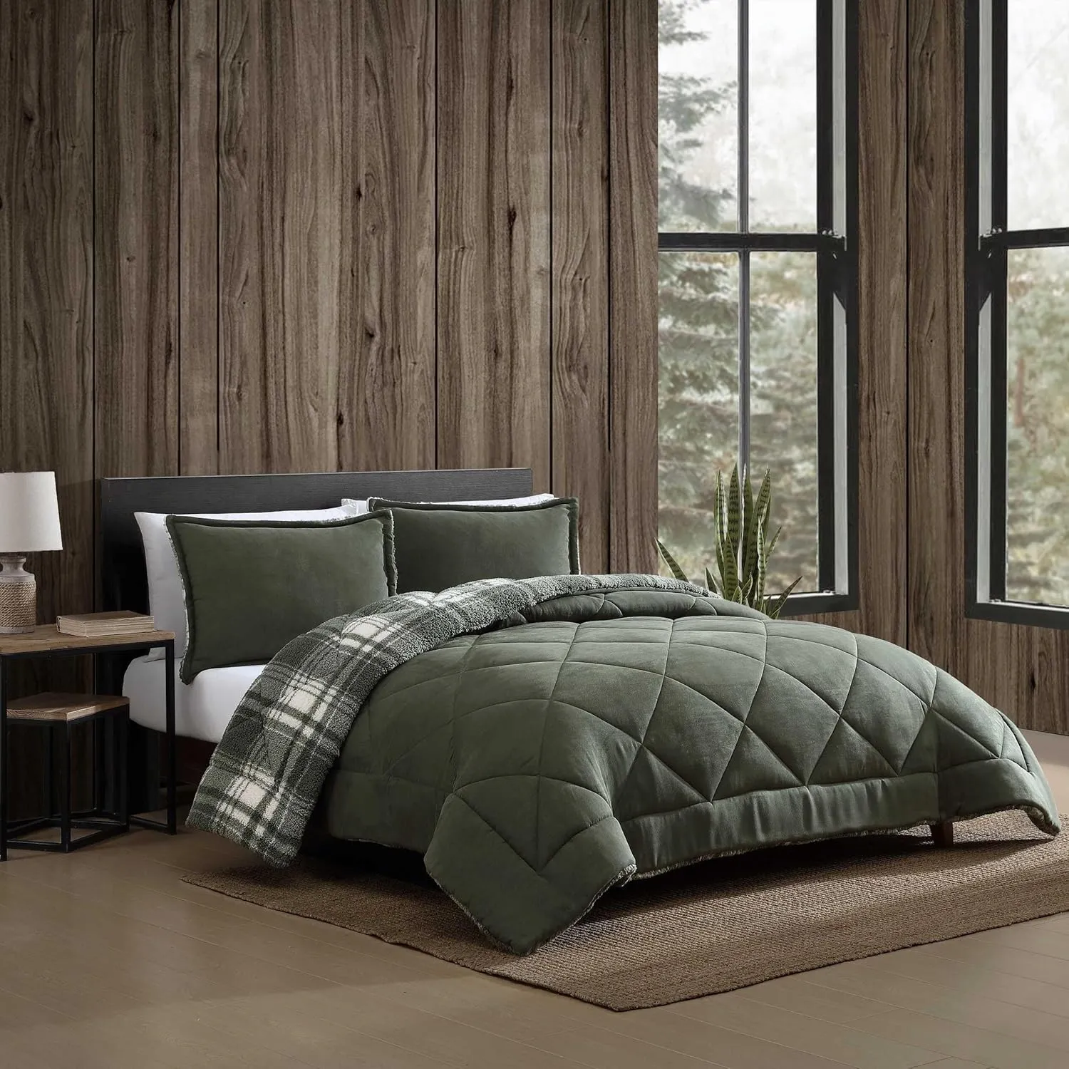 Eddie Bauer - Full/Queen Comforter Set, Reversible Microsuede Bedding with Matching Shams, Super Soft Plaid Home Decor, Oeko-Tex Certified (Big Lake Plaid Green, Full/Queen)