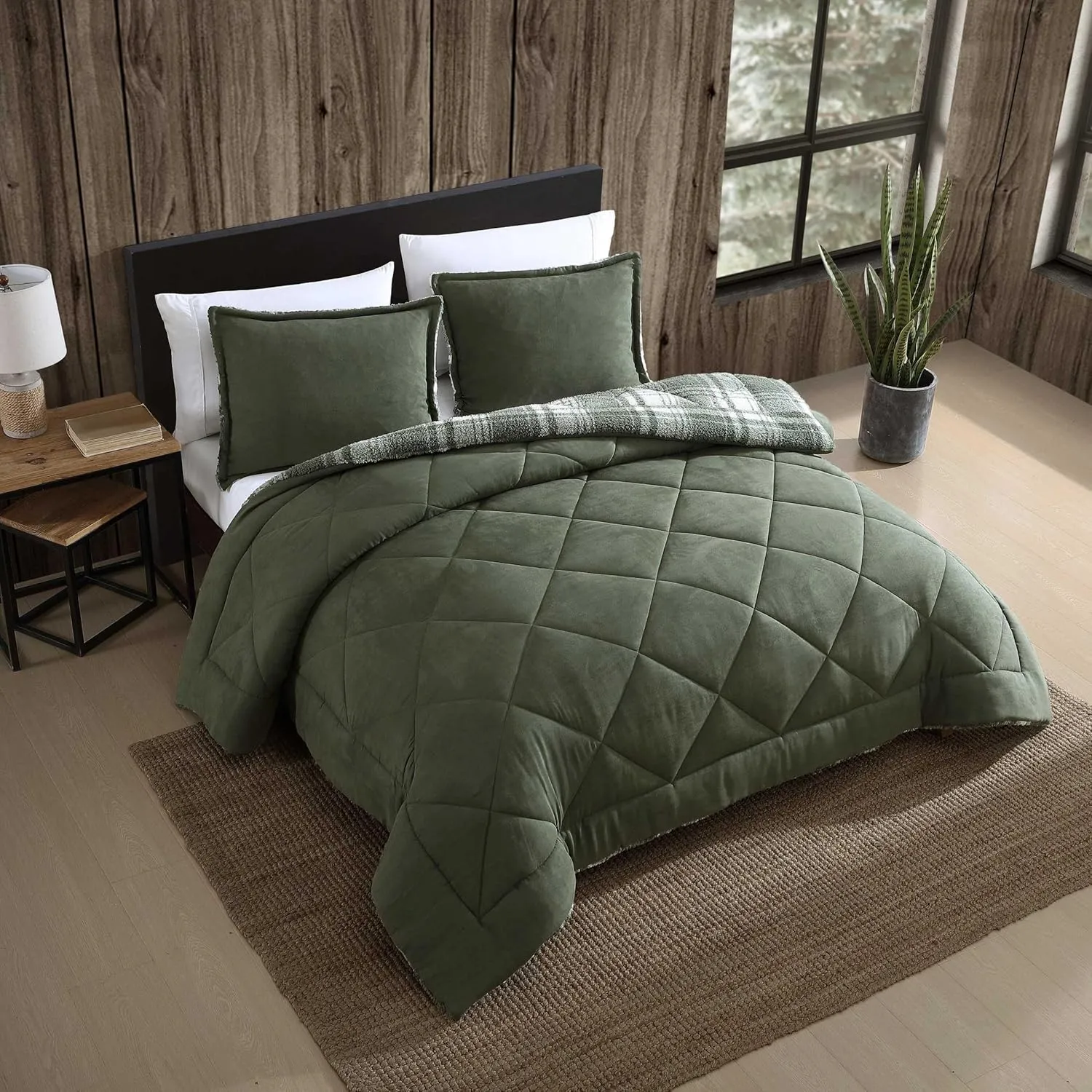 Eddie Bauer - Full/Queen Comforter Set, Reversible Microsuede Bedding with Matching Shams, Super Soft Plaid Home Decor, Oeko-Tex Certified (Big Lake Plaid Green, Full/Queen)
