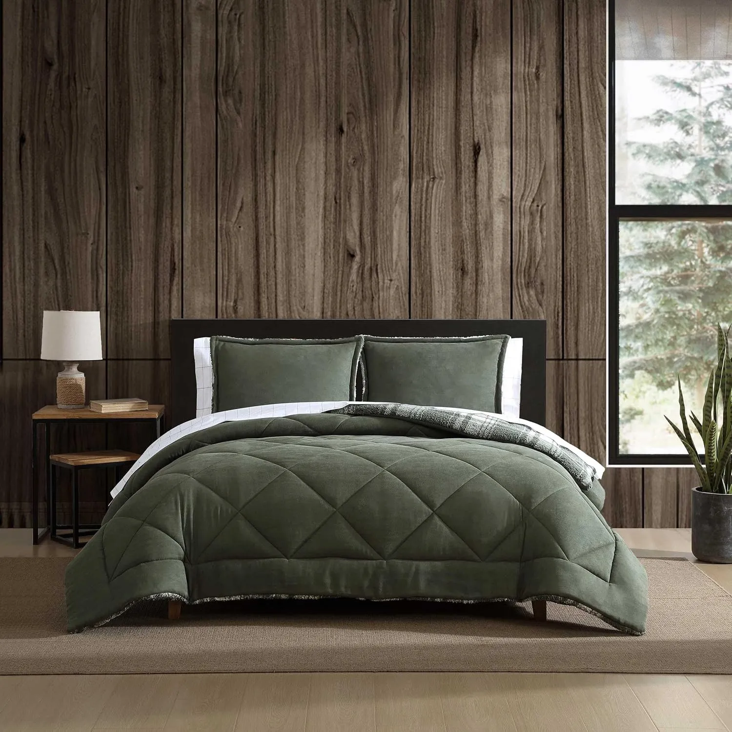 Eddie Bauer - Full/Queen Comforter Set, Reversible Microsuede Bedding with Matching Shams, Super Soft Plaid Home Decor, Oeko-Tex Certified (Big Lake Plaid Green, Full/Queen)