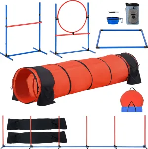 Happybuy Dog Agility Training Equipment, 5 PCS Set Upgrade with Adjustable High Hurdles,6 Weave Poles,Extended Tunnel,Jump Ring,Pause Box,Foldable Bowl,Puppy Obstacle Course Kit with Storage Bag