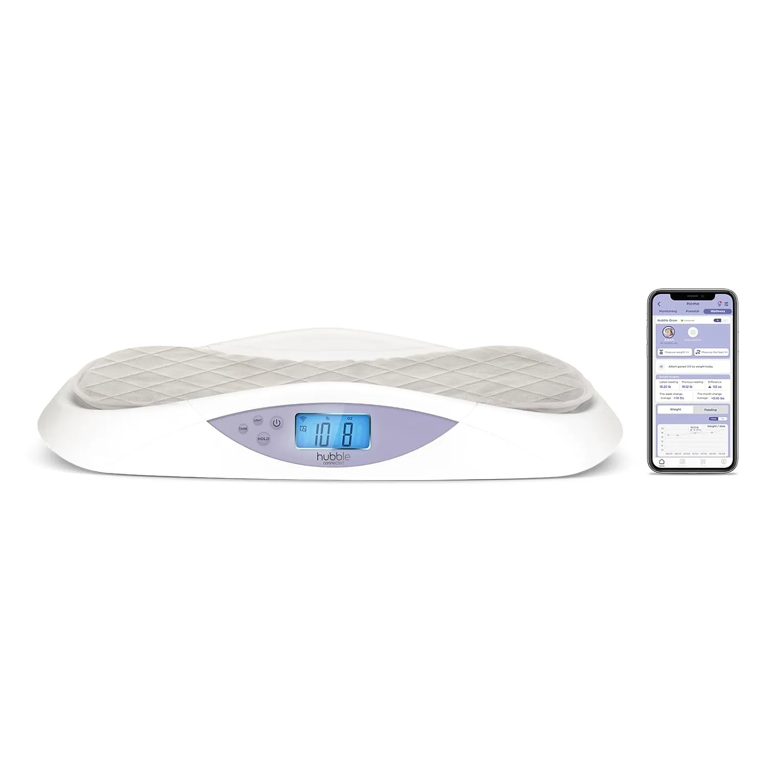 Hubble Grow Smart Baby Scale  Track Babys Growth, Food Intake, & Development with Accurate 4-Sensor Technology, Large LCD Display, Soft Pad, and HubbleClub App Integration
