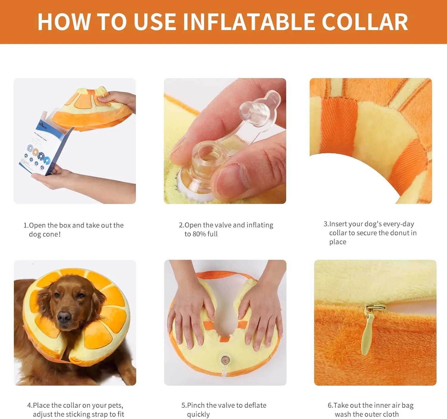 IEUUMLER Inflatable Recovery Dog Collar, Protective Donut Cone, Adjustable Soft Collar for Dog and Cat After Surgery Prevent from Biting & Scratching EU002 - Orange M