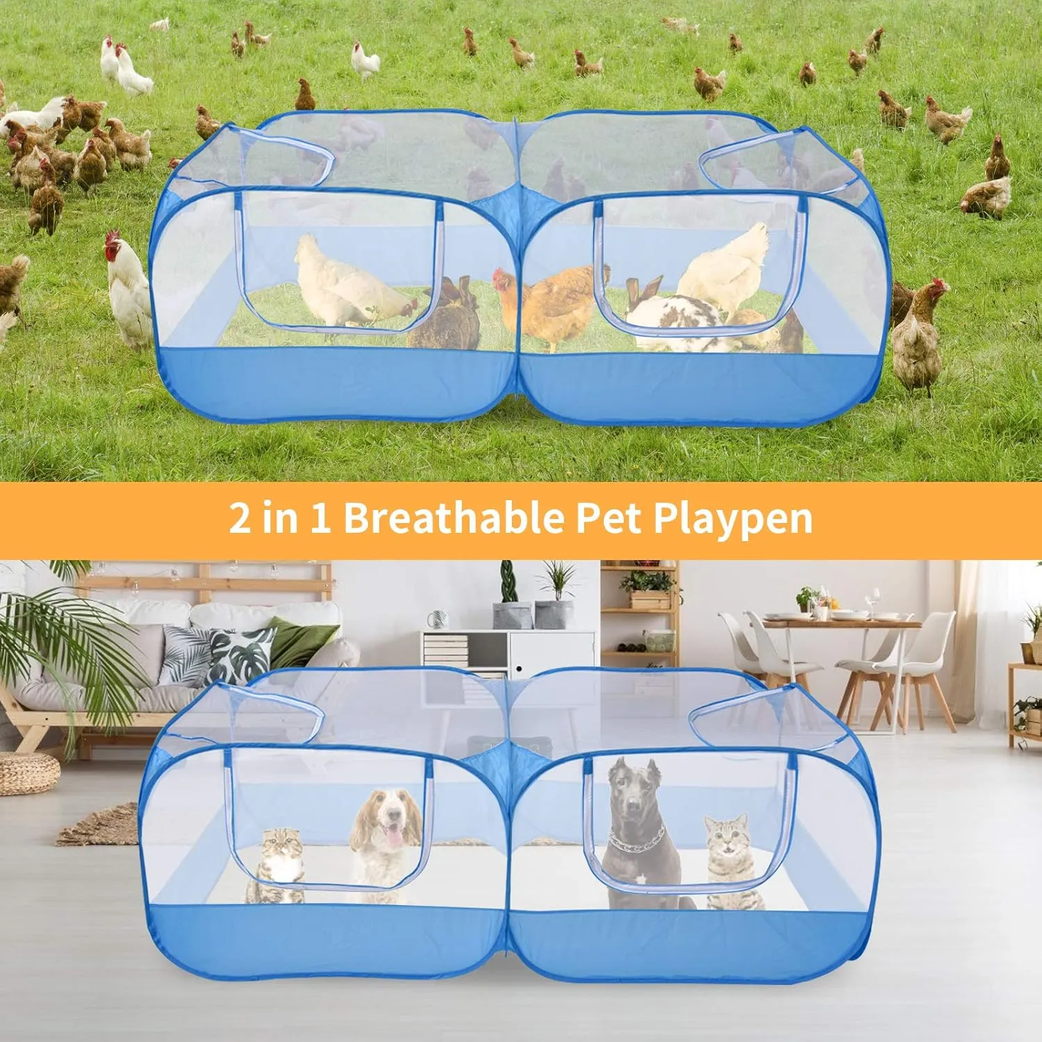 Jhua Pet Playpen for Small Animals, Portable Chicken Run with Cover, Foldable Chicken Coop Outdoor, Play Pens for Small Pets with Transparent Mesh Walls for Chicken Duck Puppy Cat Rabbit (Blue)