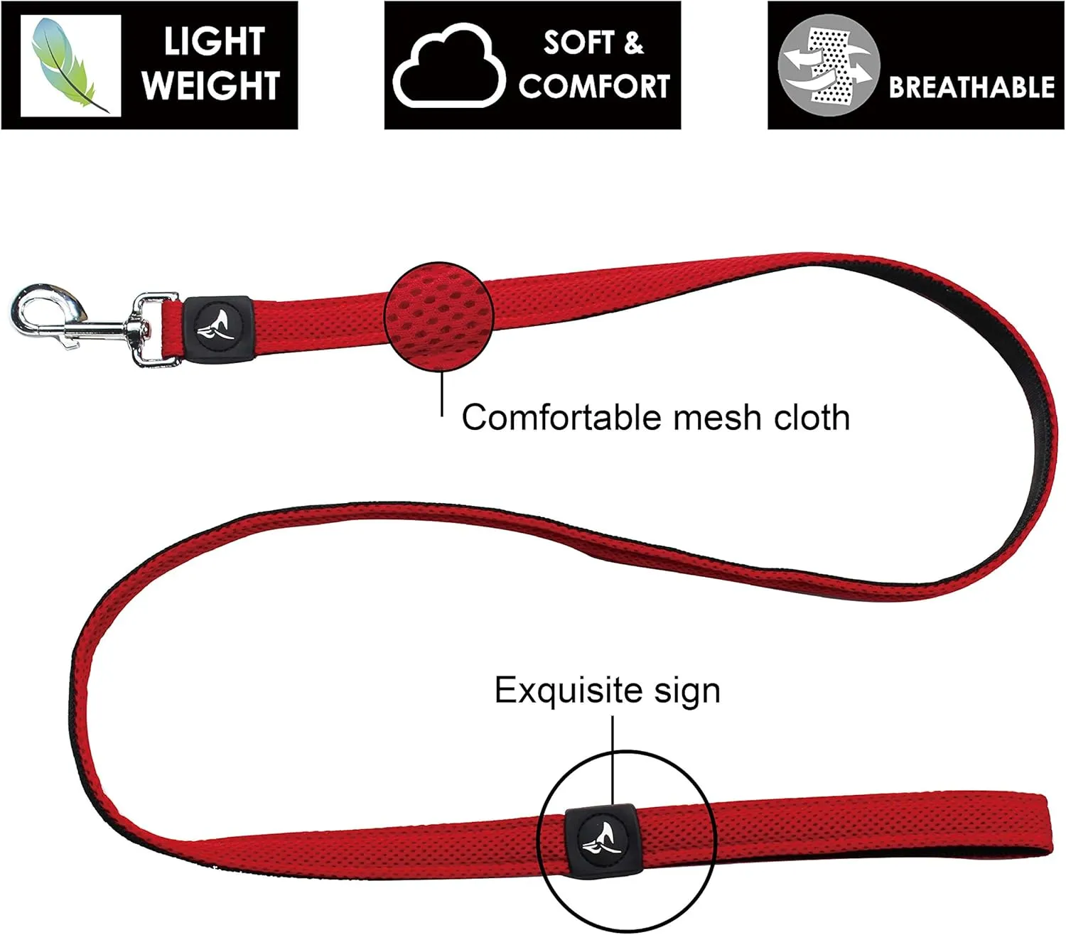Kruz Premier 5ft Dog Mesh Leash - KZA1160-14XS - Lightweight, Breathable, Comfort Puffy Leash - Secure Dual-Layered Tangle-Free Mesh Lead for Dog Walking, Running, Training - Red - 5/8" x 5 FT