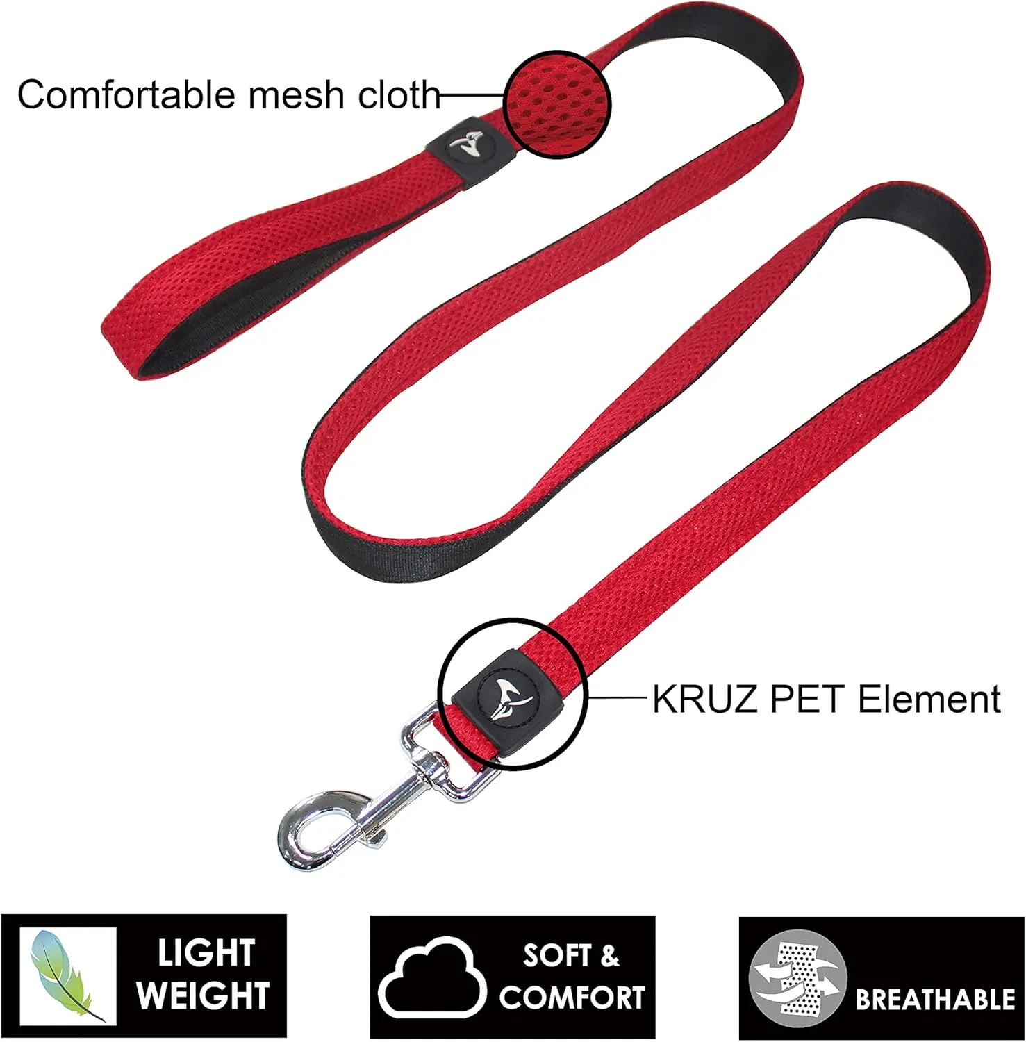 Kruz Premier 5ft Dog Mesh Leash - KZA1160-14XS - Lightweight, Breathable, Comfort Puffy Leash - Secure Dual-Layered Tangle-Free Mesh Lead for Dog Walking, Running, Training - Red - 5/8" x 5 FT