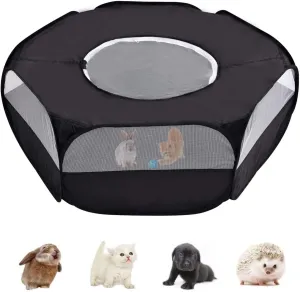 MAIUS Small Animal Playpen, Pet Cage with Top Cover Anti Escape, Waterproof Small Animal Cage Transparent Yard Fence for Dog Cat Bunny Puppy Rabbits Guinea Pig Hamster Chinchillas Playpen (New Black)