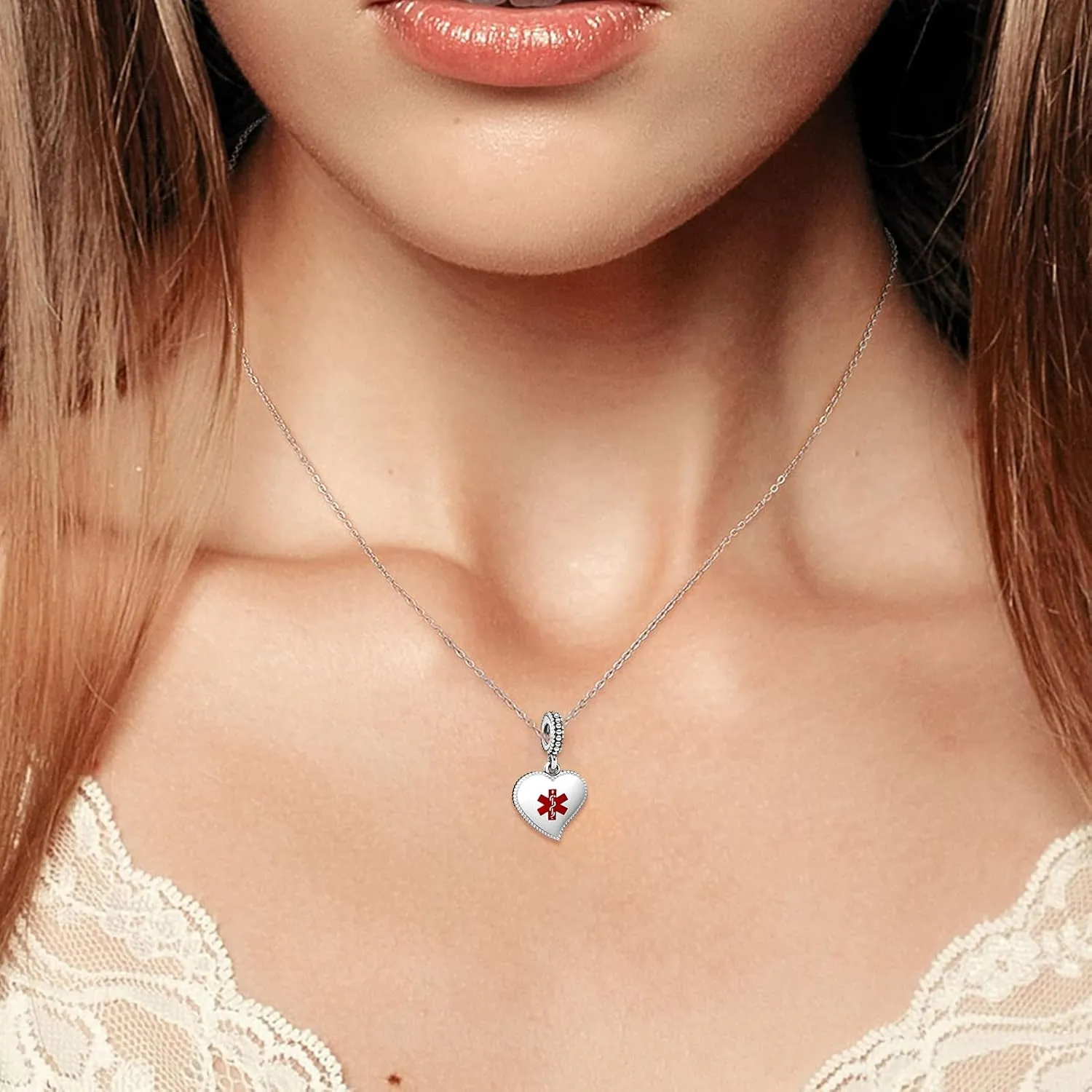 Medical Alert Heart Dangle Charm Symbols of Caduceus Bead for European Bracelet Women Present