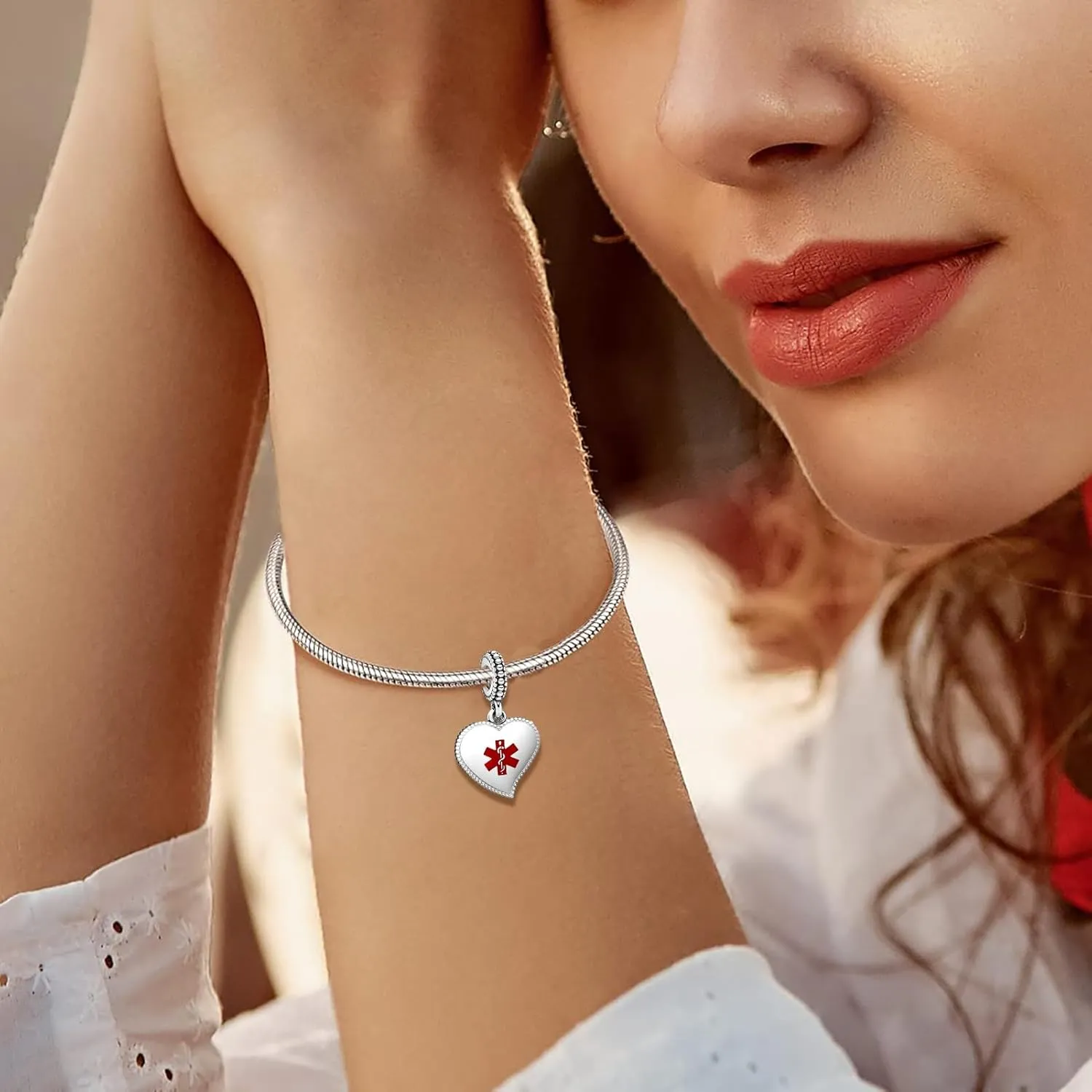 Medical Alert Heart Dangle Charm Symbols of Caduceus Bead for European Bracelet Women Present