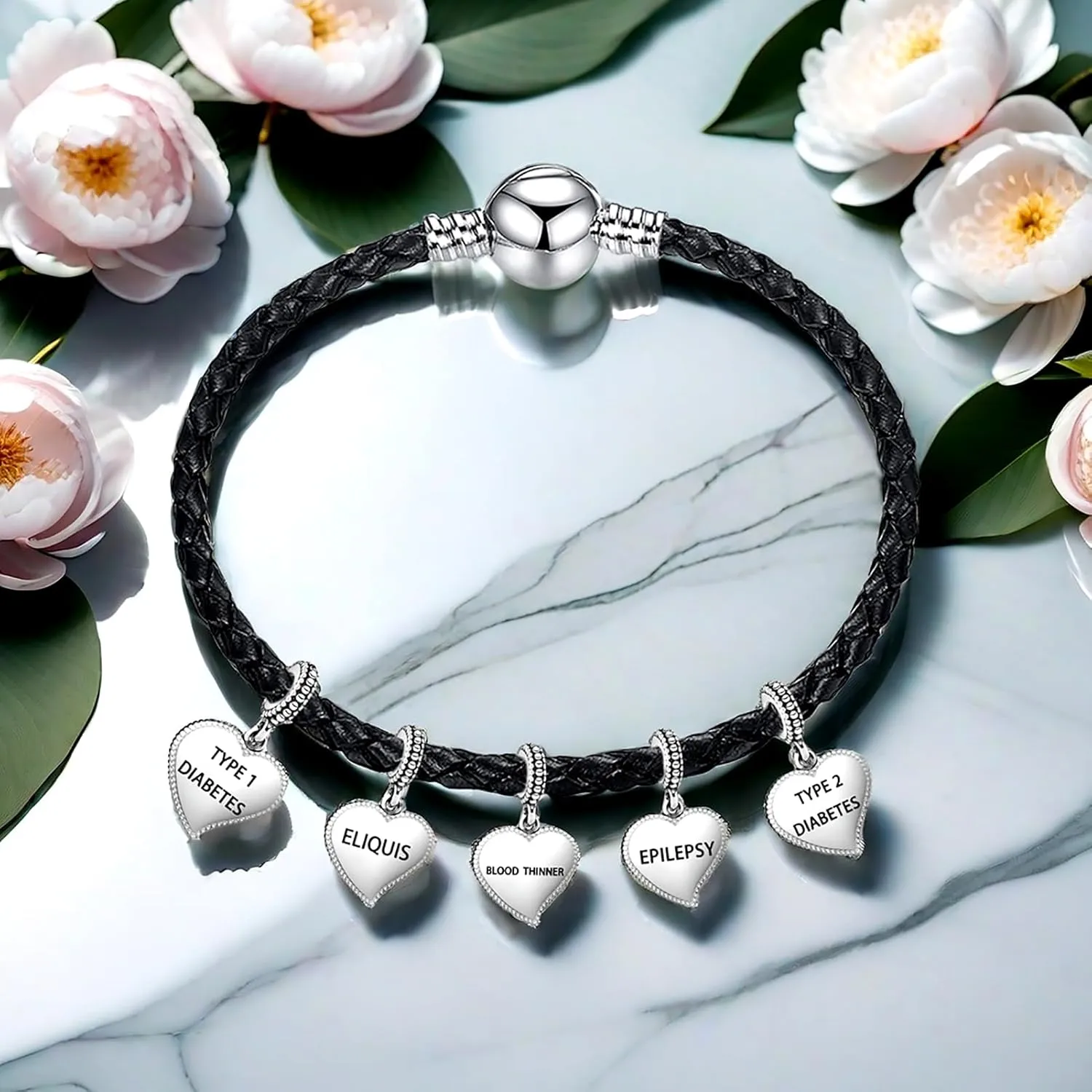 Medical Alert Heart Dangle Charm Symbols of Caduceus Bead for European Bracelet Women Present
