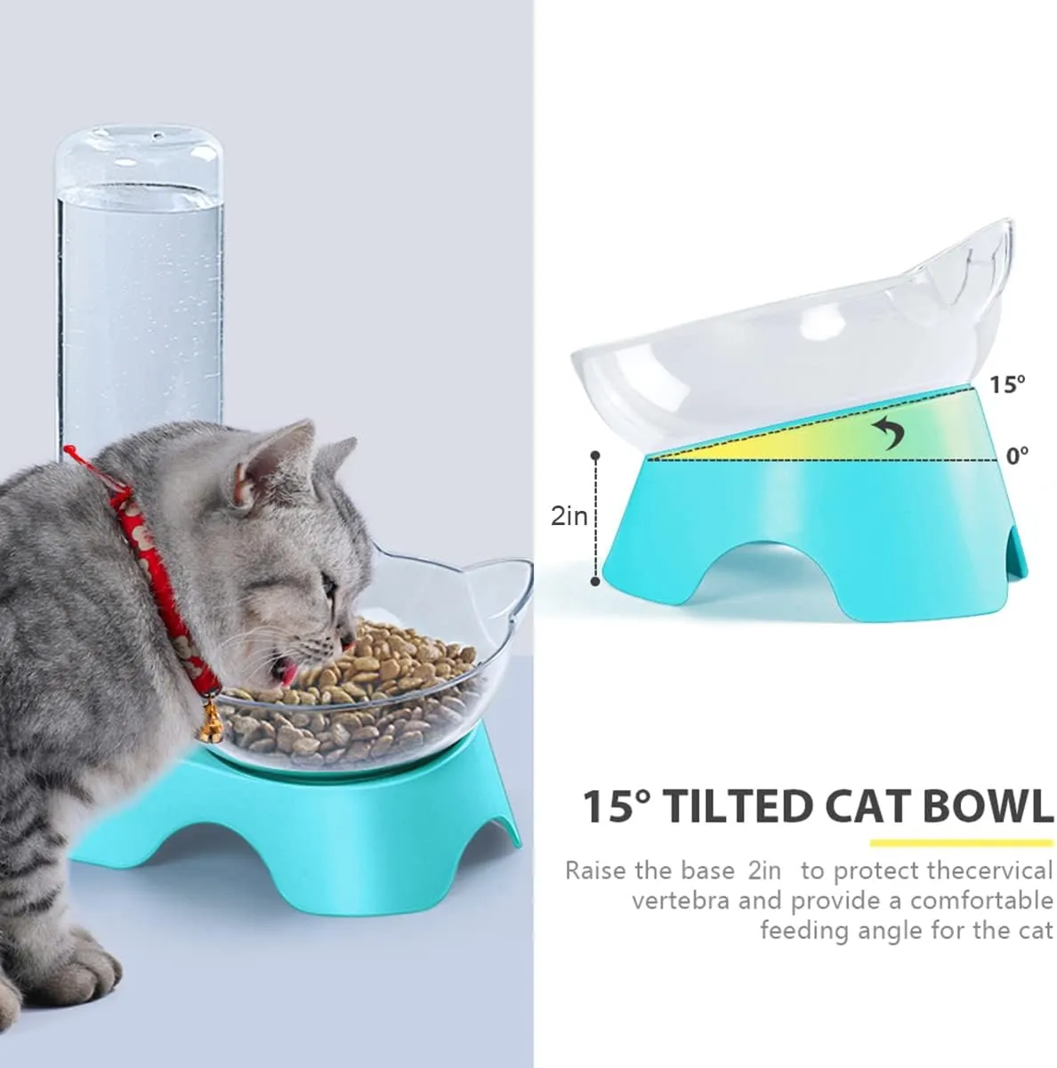 MILIFUN Double Dog Cat Bowls - Pets Water and Food Bowl Set, 15Tilted Water and Food Bowl Set with Automatic Waterer Bottle for Small or Medium Size Dogs Cats